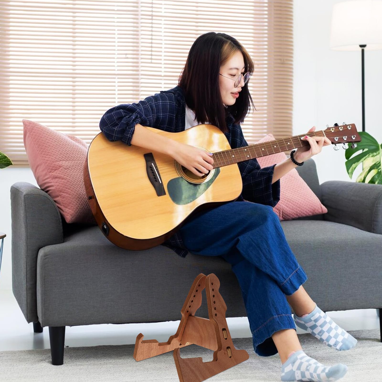 NOLITOY Supporto per Chitarra e Basso Design Verticale Stabile in Legno Marrone Protezione Sicura Supporto da Pavimento Robusto e Funzionale per Performance e Viaggio
