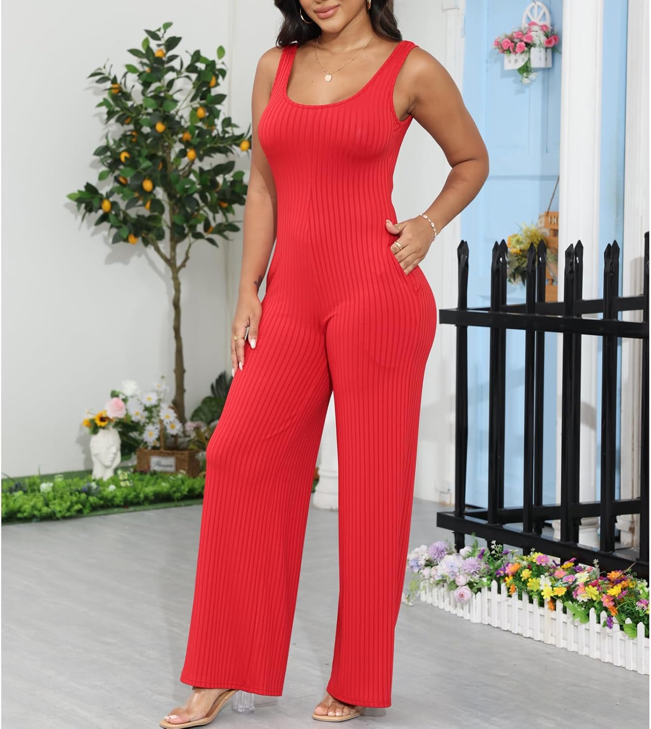 ECHOINE Womens V Neck Wide Leg Jumpsuits with Pockets Ribbed Long Sleeve Coat Pants 2 Piece Sets Outfits - Image 2