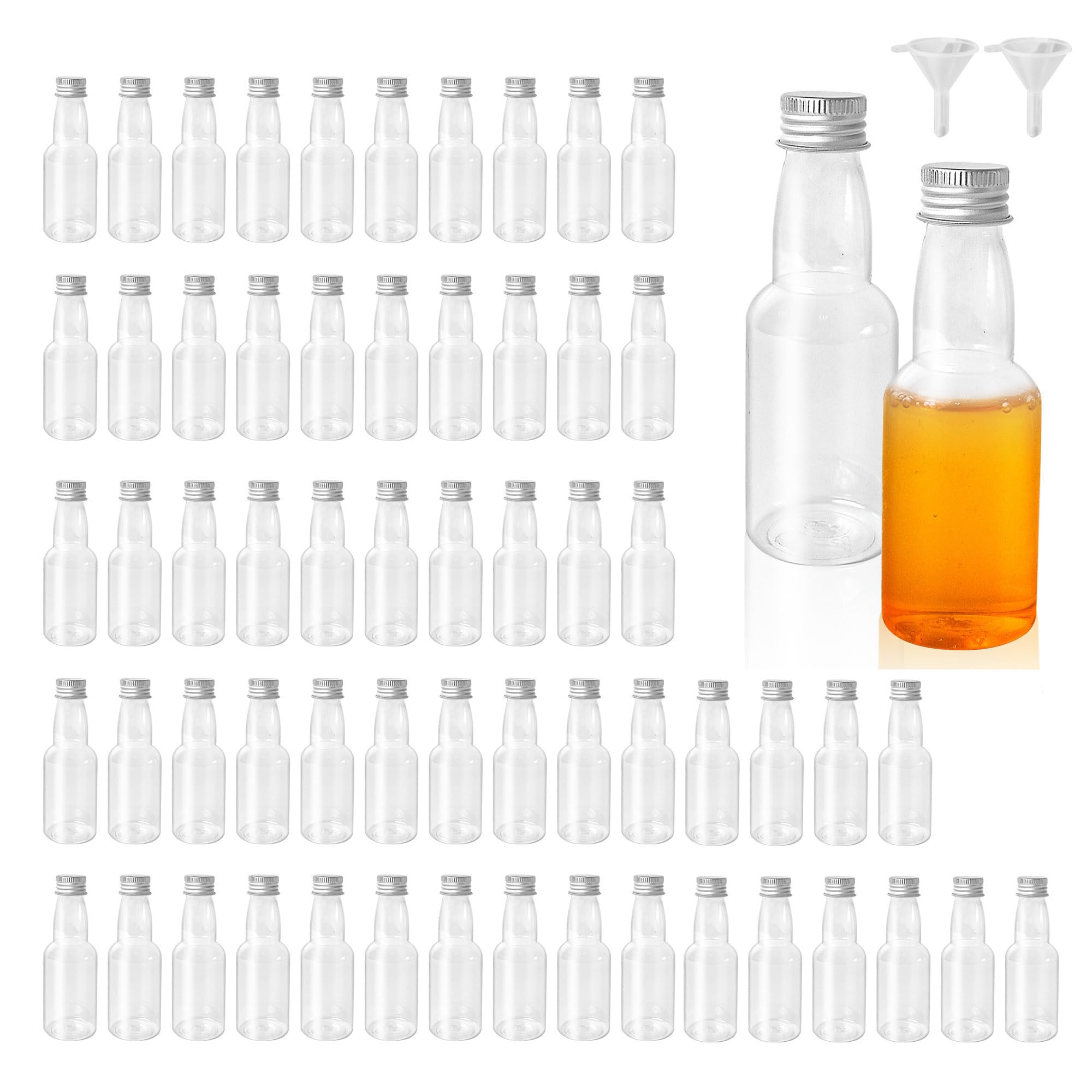 WENLISELL 60 Pack 50ml Miniature Alcohol Bottles with Aluminium Lids, Reusable Plastic Mini Alcohol Bottle with Liquid Funnel, Empty Small Shot Bottles for Wedding, Parties, Travel, Beverage