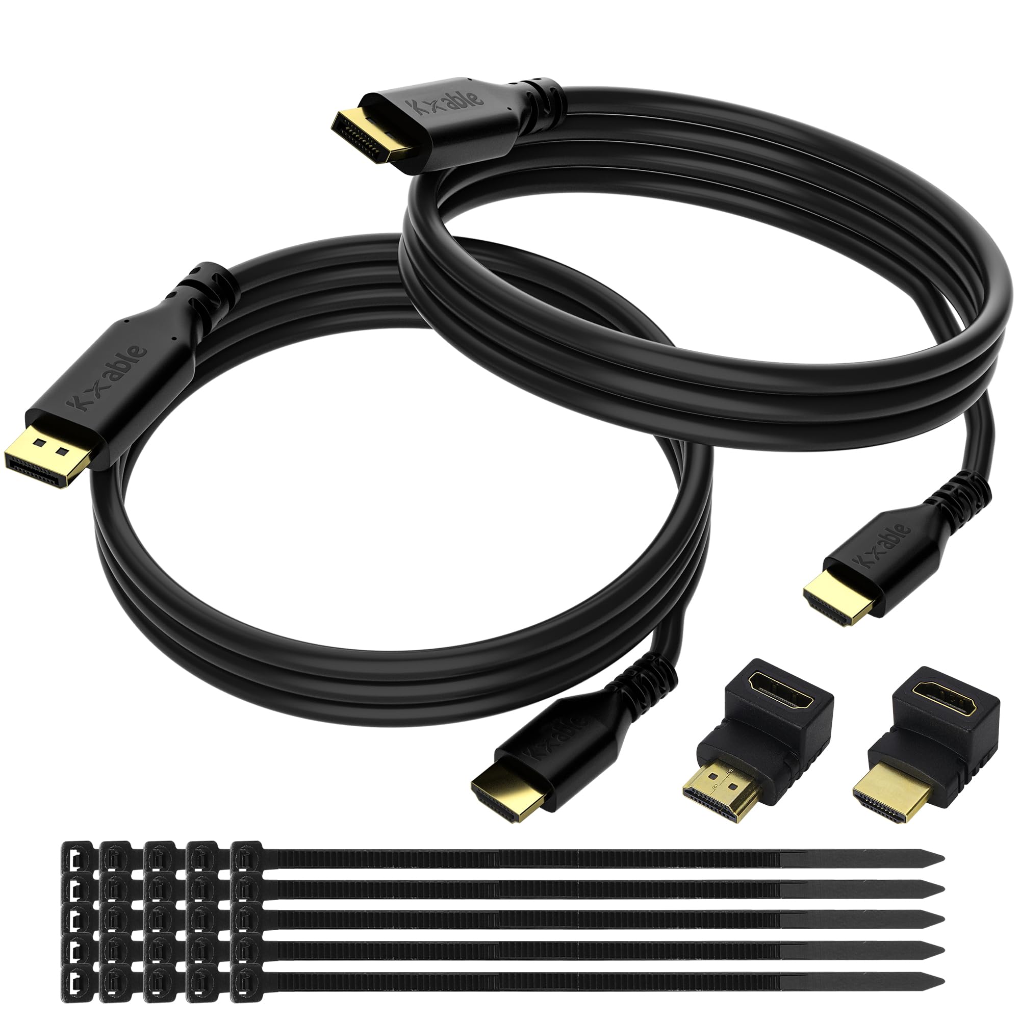 4K DisplayPort to HDMI Cable (6 FT, 2-Pack), DP to HDMI Male Video UHD Cable, Uni-Directional Cord, for PC, Desktop, Graphics Card to HDTV, Monitor, Projector, with 2 HDMI Angle Adapters and 25 Ties