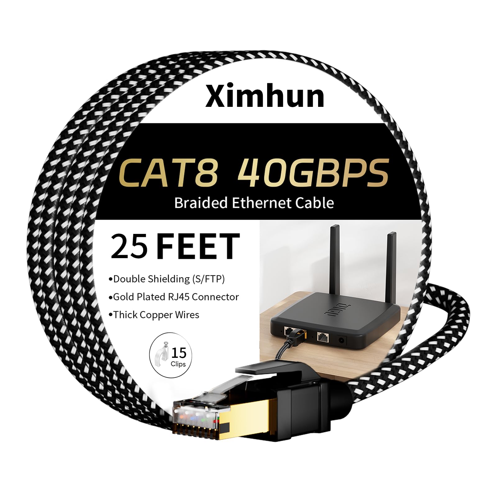 Cable Ethernet redondo Cat8 de 25 pies, cable Ethernet de red de Internet de alta velocidad resistente para interiores y exteriores