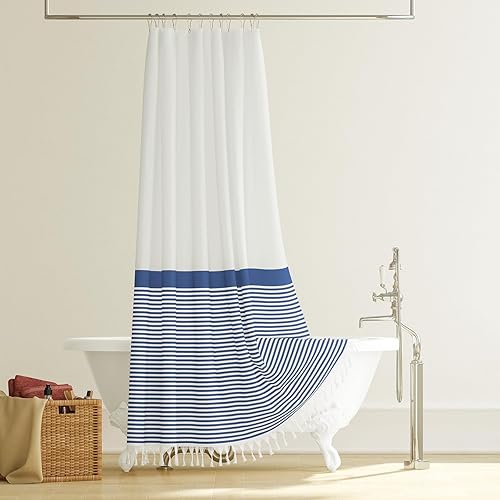 Vista 54 de Dynamene Cortina de ducha de tela marrón, cortinas de ducha con borlas a rayas bohemias para baño, juego de cortina de ducha de tela texturizada