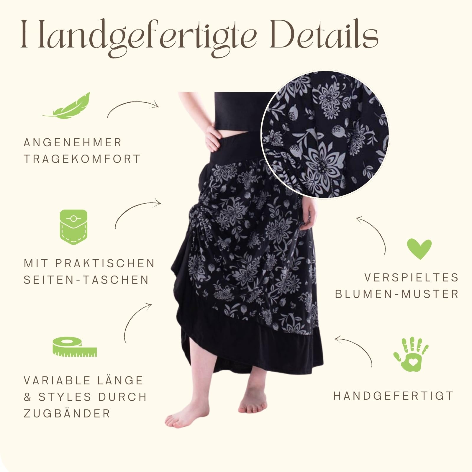 Vishes Damen längenverstellbarer Maxi-Rock I Handgefertigt aus 100% Baumwolle I Ideal für Jede Gelegenheit I Nachhaltige Alternative Bekleidung