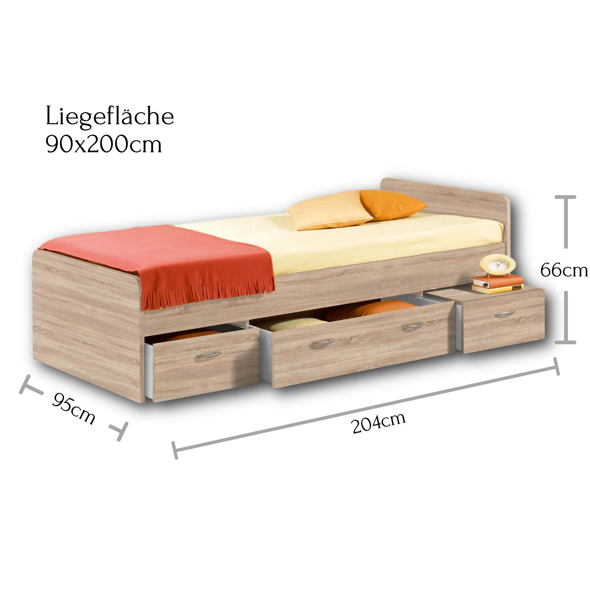 Stella Trading, BORO Letto una piazza con contenitore 90 x 200 cm, letto singolo con 3 cassetti in Rovere Sonoma, 95 x 66 x 204 cm