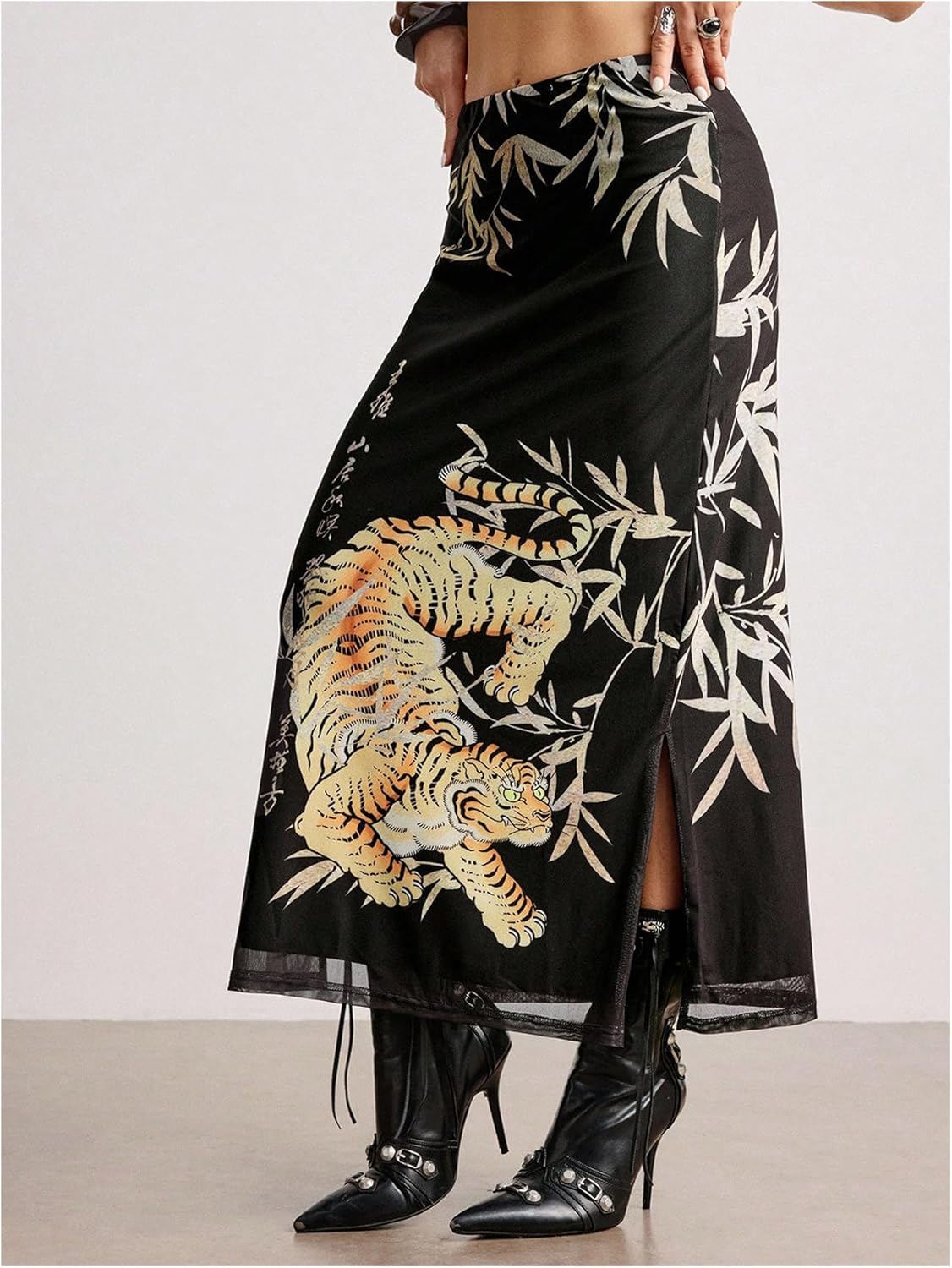 GORGLITTER Women's Pattern Skirt Sheer Mesh Split High Waisted Y2k Vintage Bodycon Midi Pencil Skirts