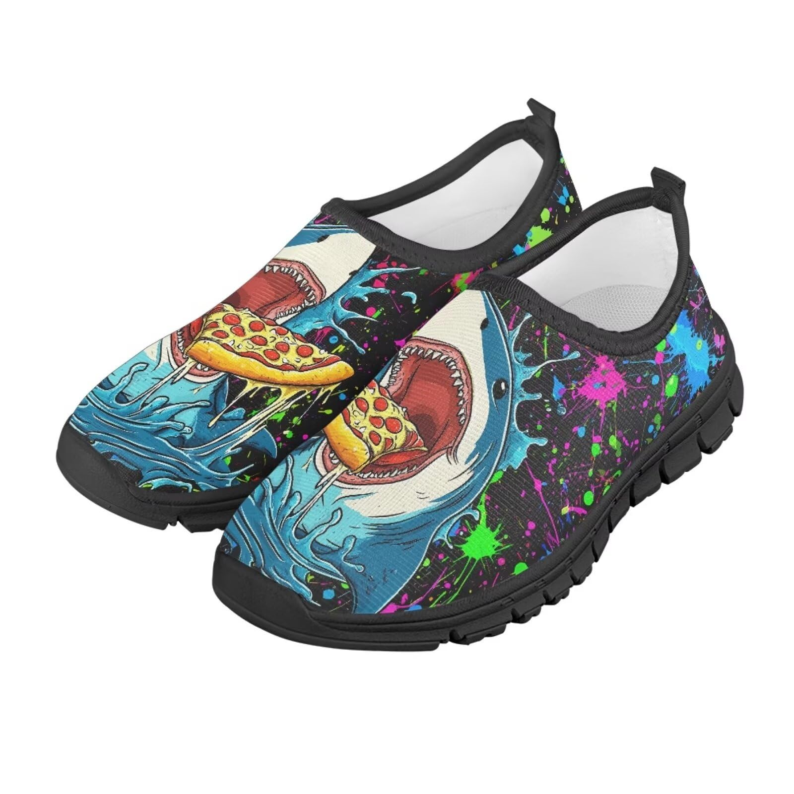Fuxowvby Toddler's Shark Pizza Slip-On Low Top Sneakers Walking Casual Soft Hiking Shoes Breathable Lightweight Shoes Flat Shoes Holiday Cycling Shoes Black US Size 15