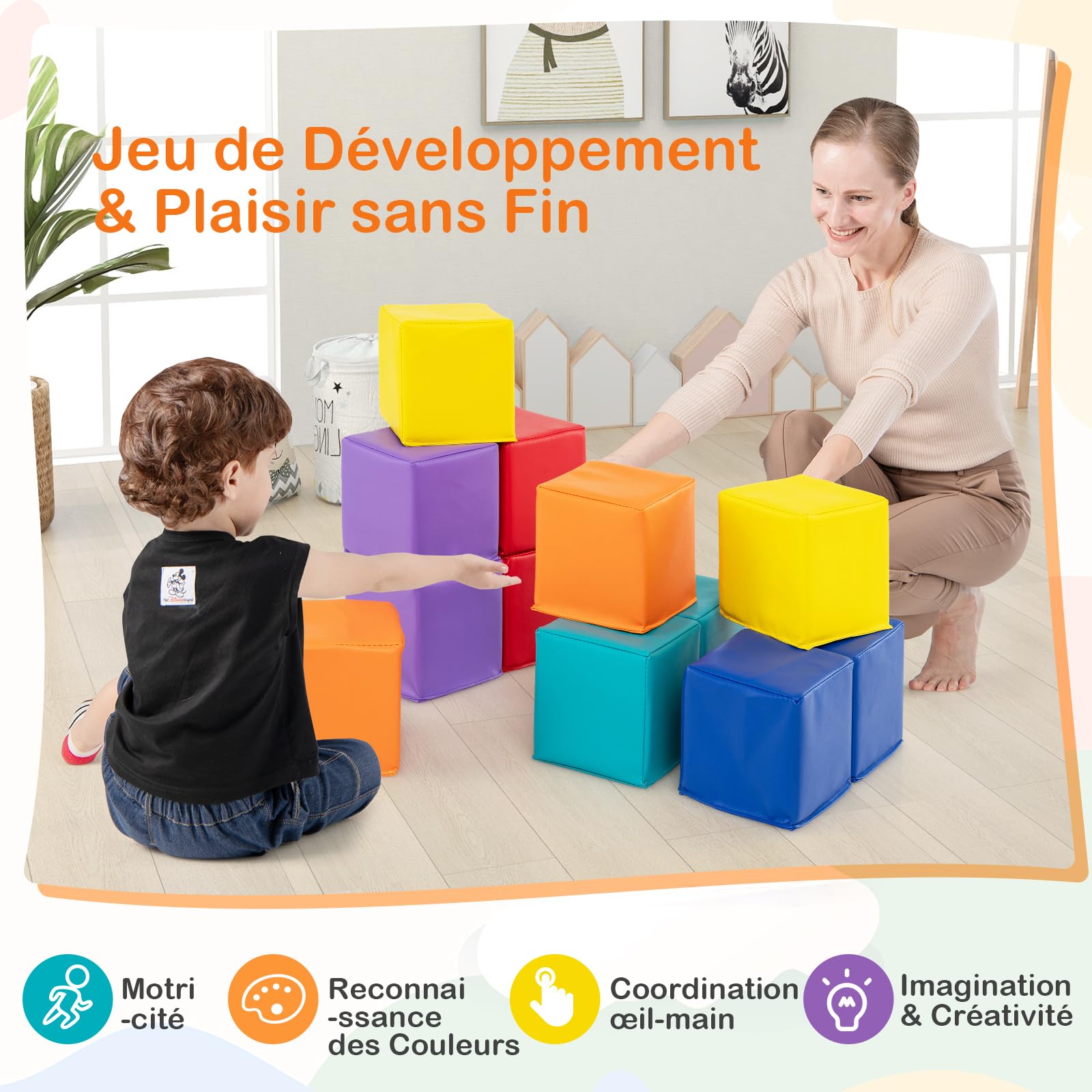 COSTWAY 12 PCS Module Motricité Bébé en Mousse EPE avec Housse en PU, Cubes de Construction Bébé en Mousse Légers, Jouets Éducatifs pour Enfants d'Âge Préscolaire, Multicolore (Violet+Jaune)