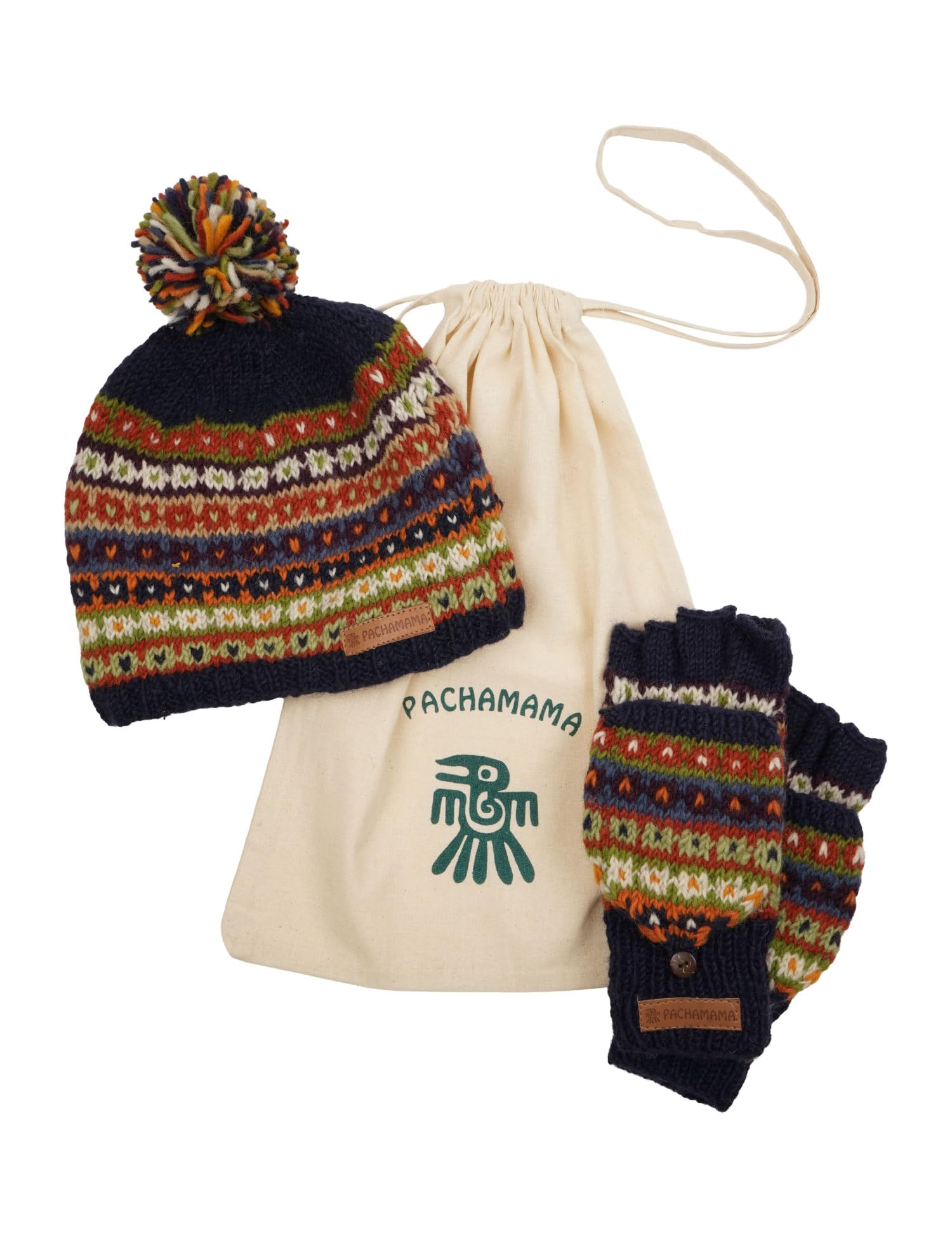 Pachamama Damen Wollmütze mit Bommelmütze und fingerlosen Handschuhen, 2 Stück, Geschenkbeutel-Set, mit Fleece gefüttert, handgestrickt, meliert, gestreift, blau, mehrfarbig, Einheitsgröße