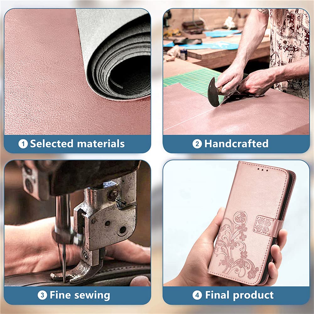 RonRun Cover A Portafoglio In PU Pelle Per Oppo A94 5G, Flip Con Stampa Quadrifoglio E Chiusura Magnetica, Rosa Oro - 5