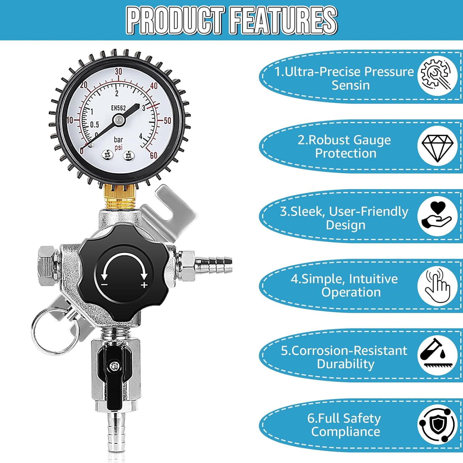 Beer Secondary CO2 Regulator, Single Gas Inlet Keg Regulator & 0-60PSI Gauges Two-Stage Co2 Regulator with Relief Valve & 5/16’’ Barbed Outlets for Homebrew System or Commercial Kegs
