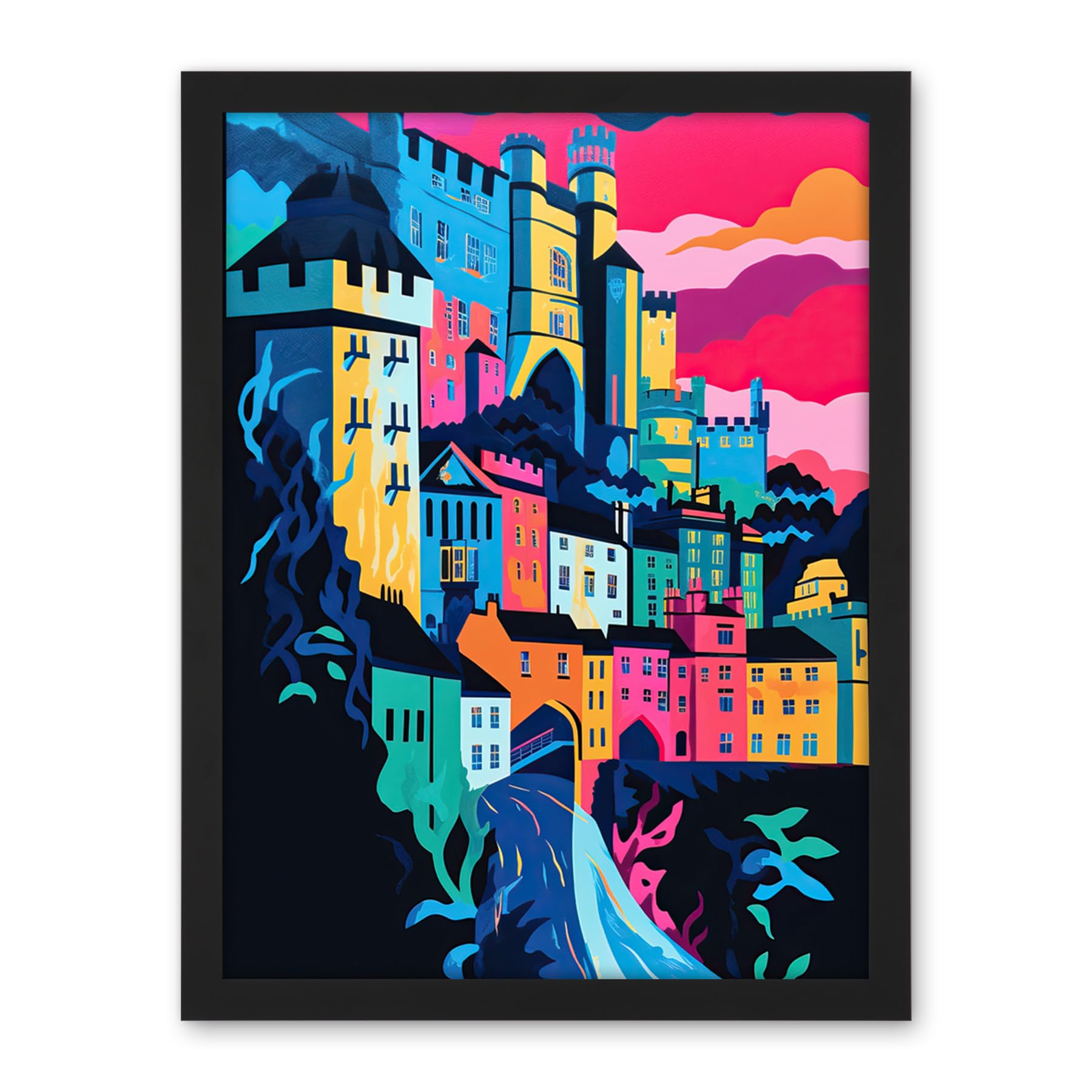Artery8 Nottingham City Vibrant Abstract Pop Art Cityscape Artwork Framed Wall Art Print 18X24 Inch