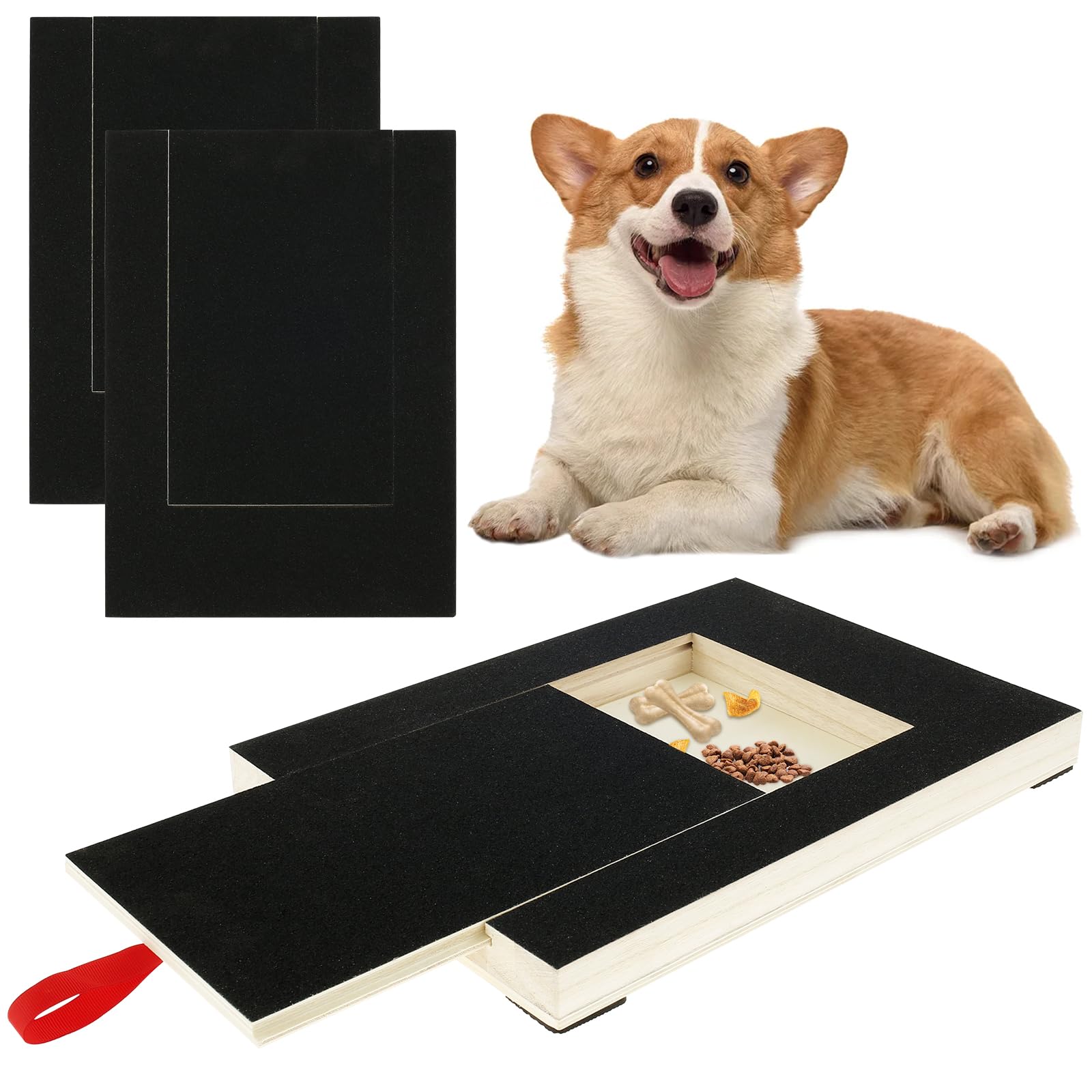 JETHMA Dog Nail Scratch Board File, Wooden Dog Scratch Pad with Built-in Snack Box Stress-Free and Soothing Puppy Nail Scratch Pad Alternative to Dog Nail Clippers & Grinders (with 2 Sandpaper)