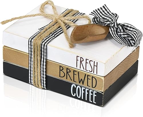 Juego de decoración de barra de café, mini letrero de barra de café con cinta, pila de libros decorativa para estación de café, letreros de madera