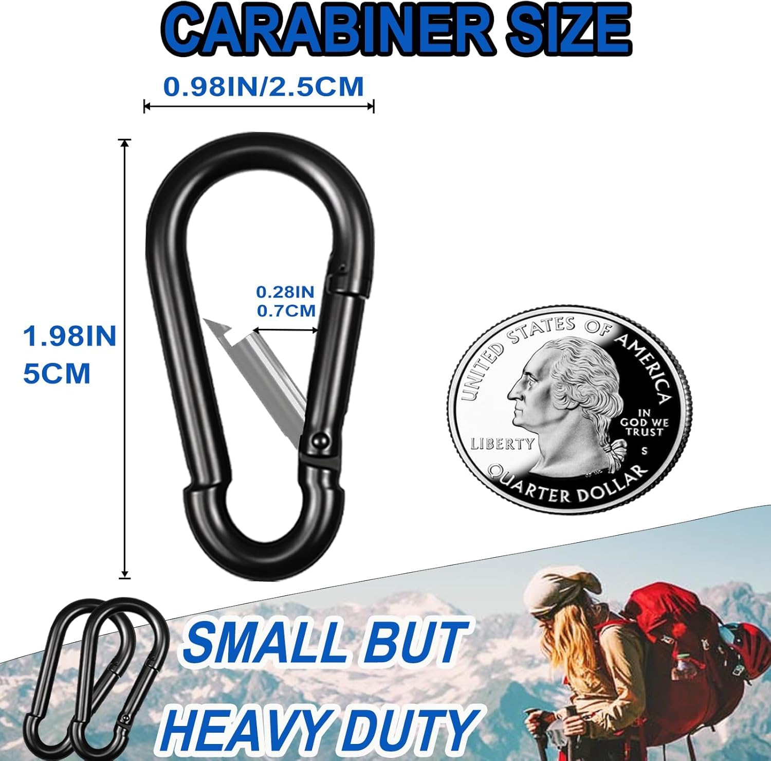Lot de 100 mousquetons noirs M5 de 1,9 cm, petits mousquetons à maillons rapides, boucle à ressort de 5,1 cm pour la pêche, le camping, le hamac, les laisses de chien, capacité de charge de 100 kg