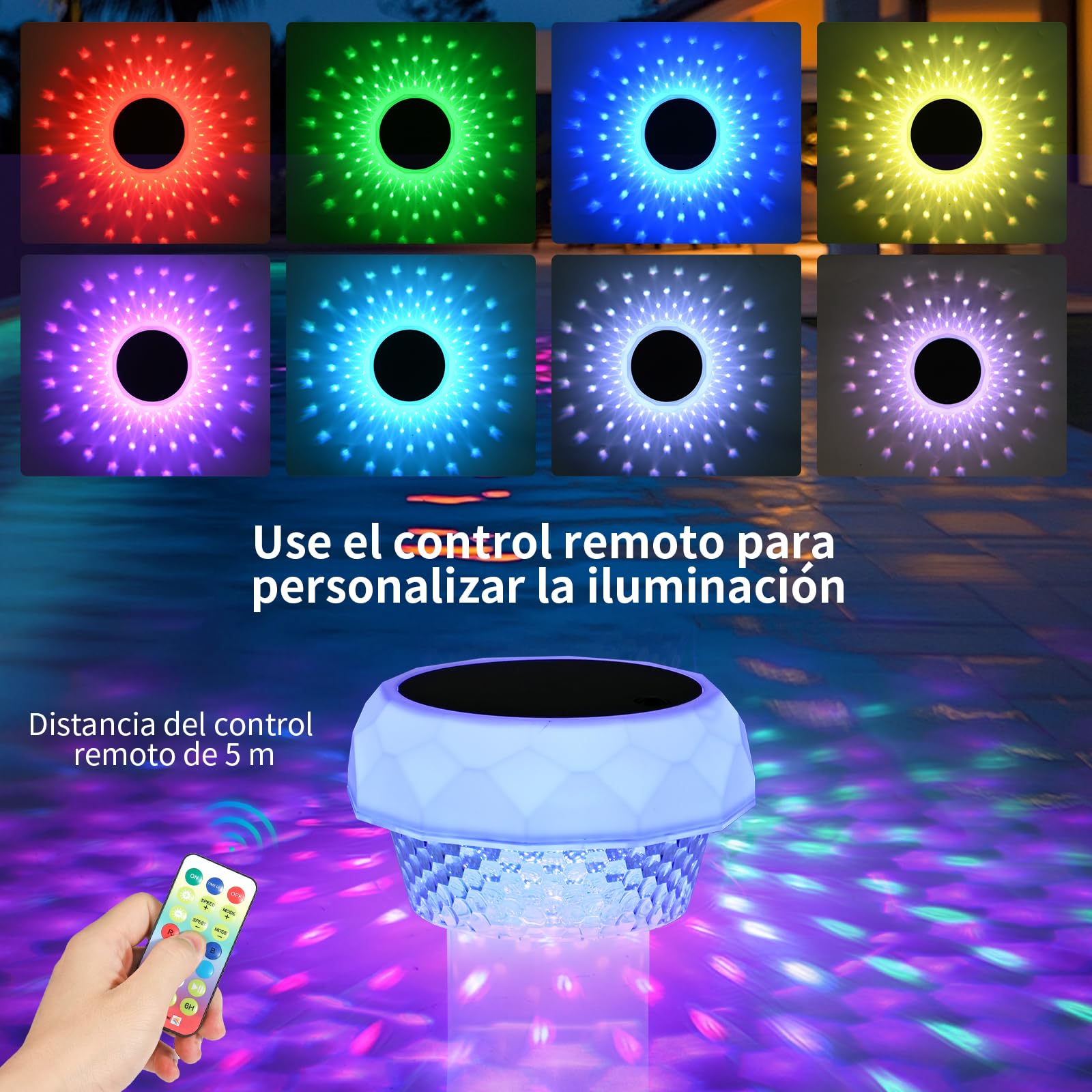 Dispensador Cloro Piscina con Luz Solar LED, Dosificador de Cloro Flotante Flotador de Piscina para Pastillas de Cloro con Anillo de Ajuste de Capacidad