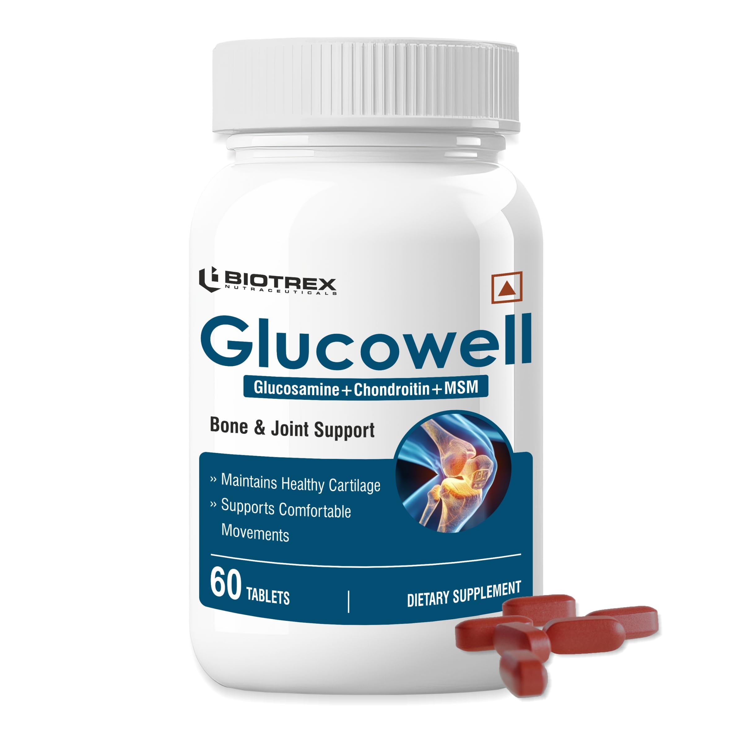 Biotrex Glucowell Glucosamine, MSM & Chondroitin 500mg (60 Tablets), nutritional supplement, multivitamins, vitamin capsules for men, women and adults, health supplements.