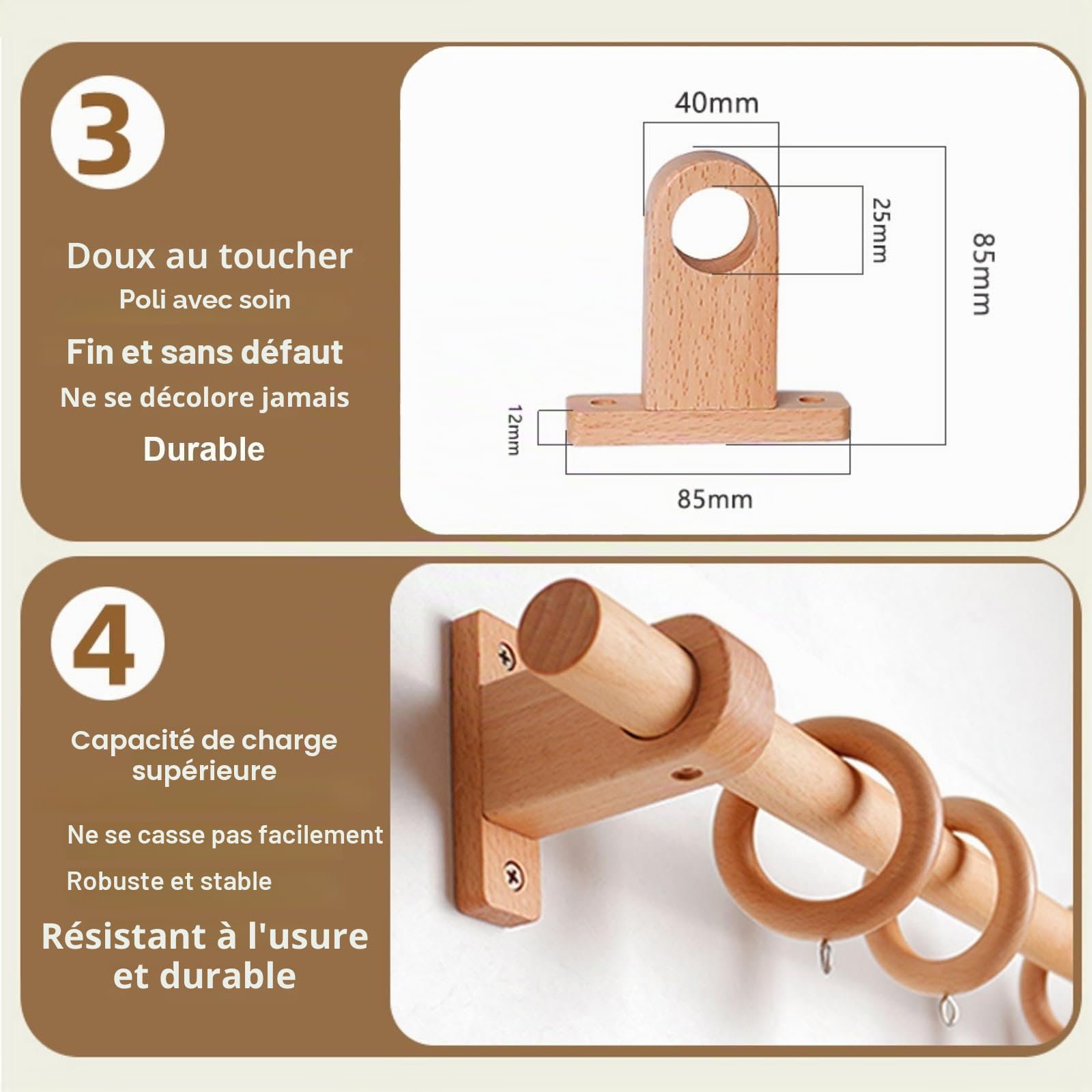Tringle rideau bois écologique en hêtre durable, Barre silencieuse pour salons et chambres(260 cm (3 Brackets))