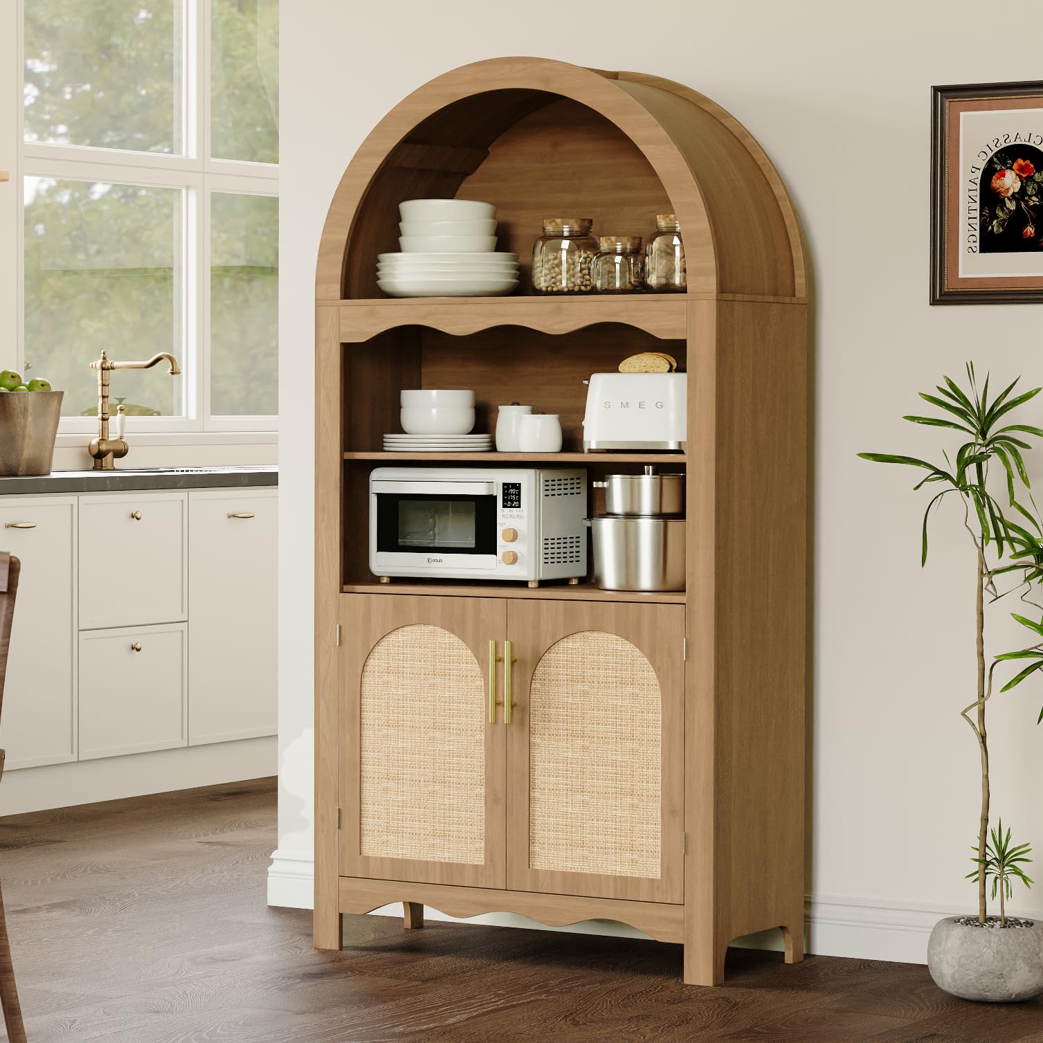 YMBSBUY 63" Arched Kitchen Pantry Cabinet, Arched Cabinet with Rattan Doors & Adjustable Shelves, Versatile Cupboard Arch Cabinets for Kitchen Storage
