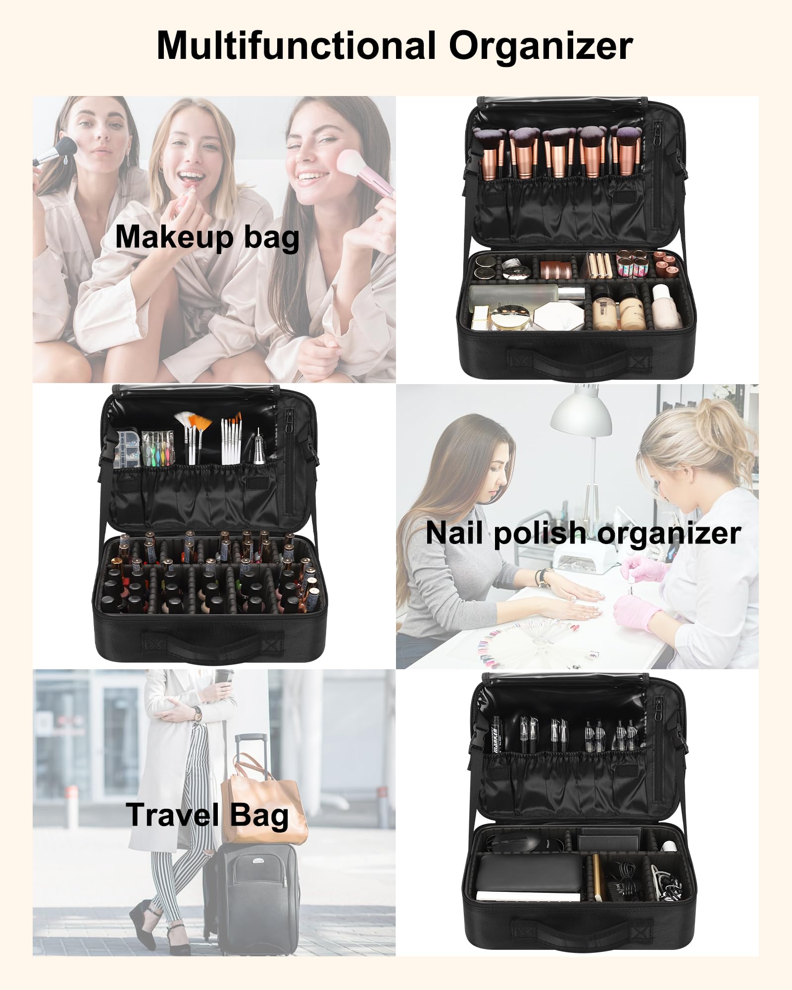 Reise-Make-up-Koffer, Make-up-Kosmetik-Organizer, tragbare Künstleraufbewahrungstasche mit verstellbaren Trennwänden für Kosmetik, Make-up, Pinsel, Toilettenartikel (schwarze Farbe Medium)