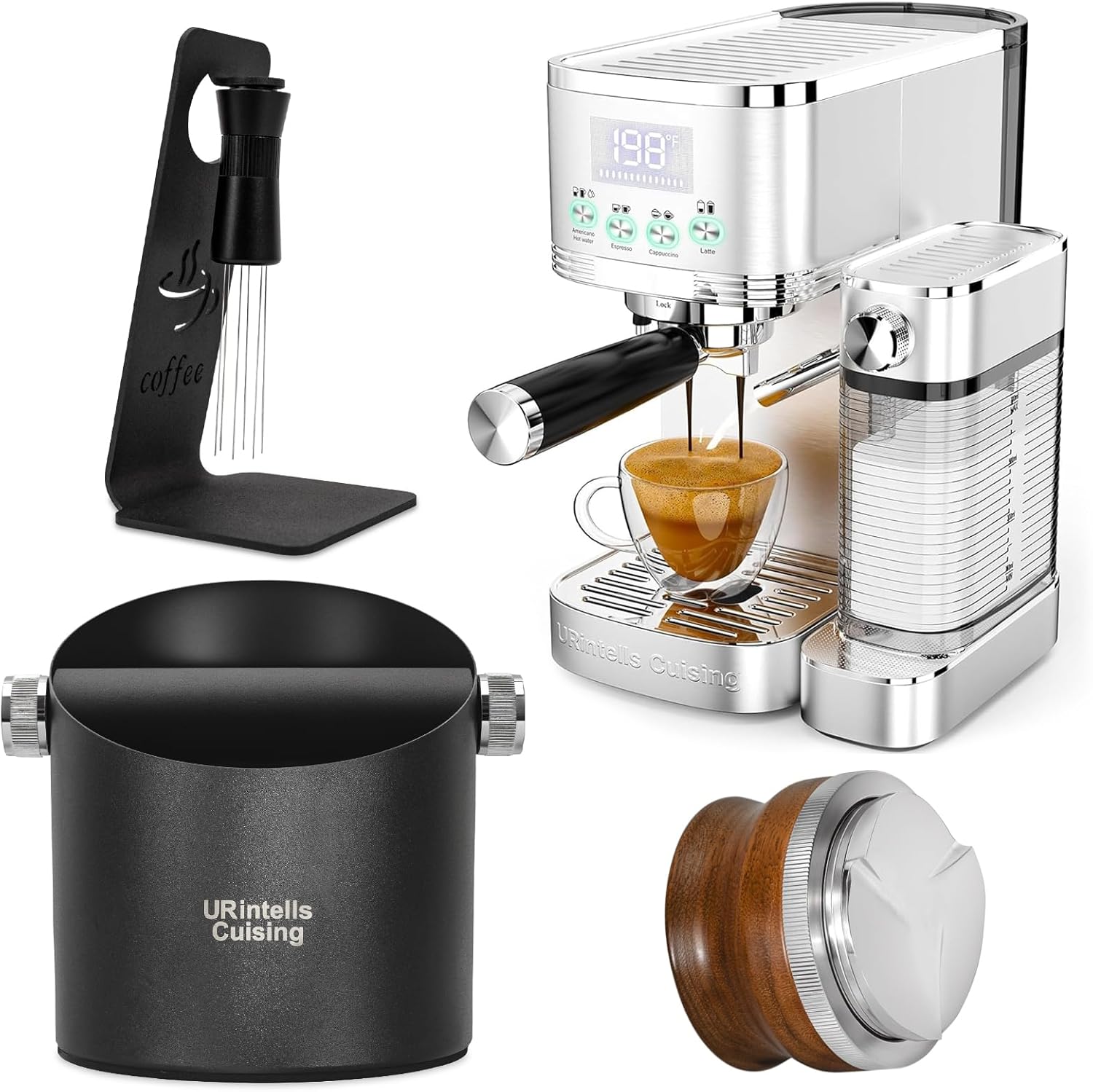 Espresso Machine 20 Bar with Automatic Milk Frother & 6.3 Inch Stainless Steel Knock Box & WDT Tool Espresso Needle Distributor with Magnetic Stand & 51mm Espresso Distributor with Red Rosewood Handle