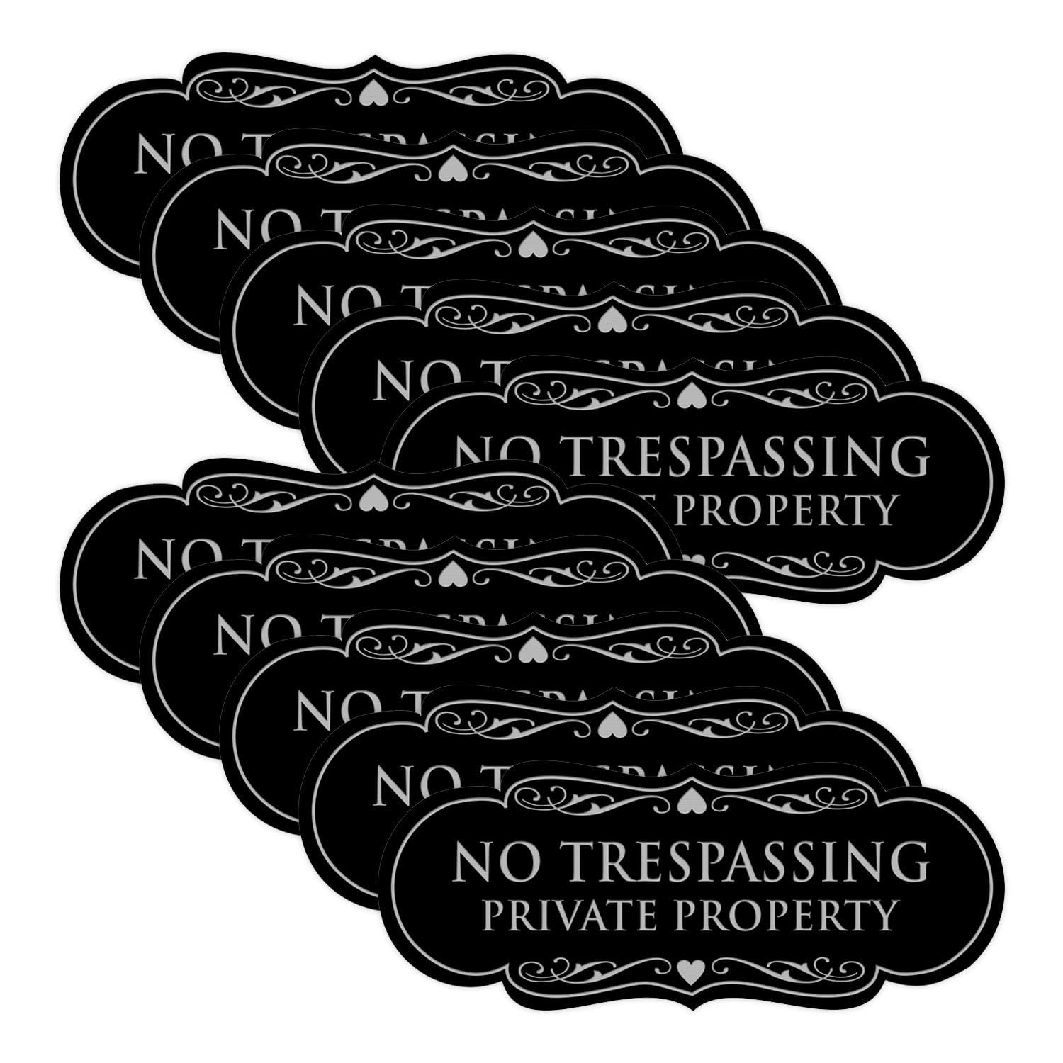 Signs ByLITA Lot de 10 panneaux muraux ou de porte « No Trespassing Private Property » | Matériau durable et installation facile | Panneau de sécurité pour propriété (noir/argent)
