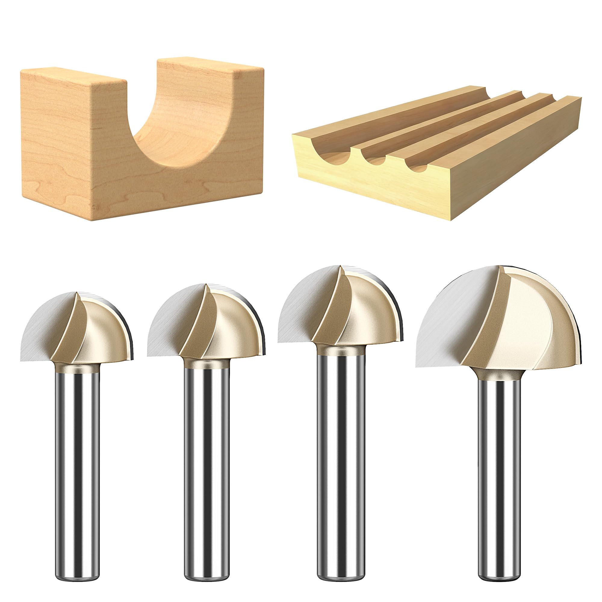 HUHAO Set di 4 punte per fresa a punta tonda con gambo da 1/4 di pollice, in carburo massiccio, a doppia scanalatura, 1,6 cm, 1,9 cm, 2,2 cm, 2,5 cm, diametro di taglio, per fai da te, progetti di