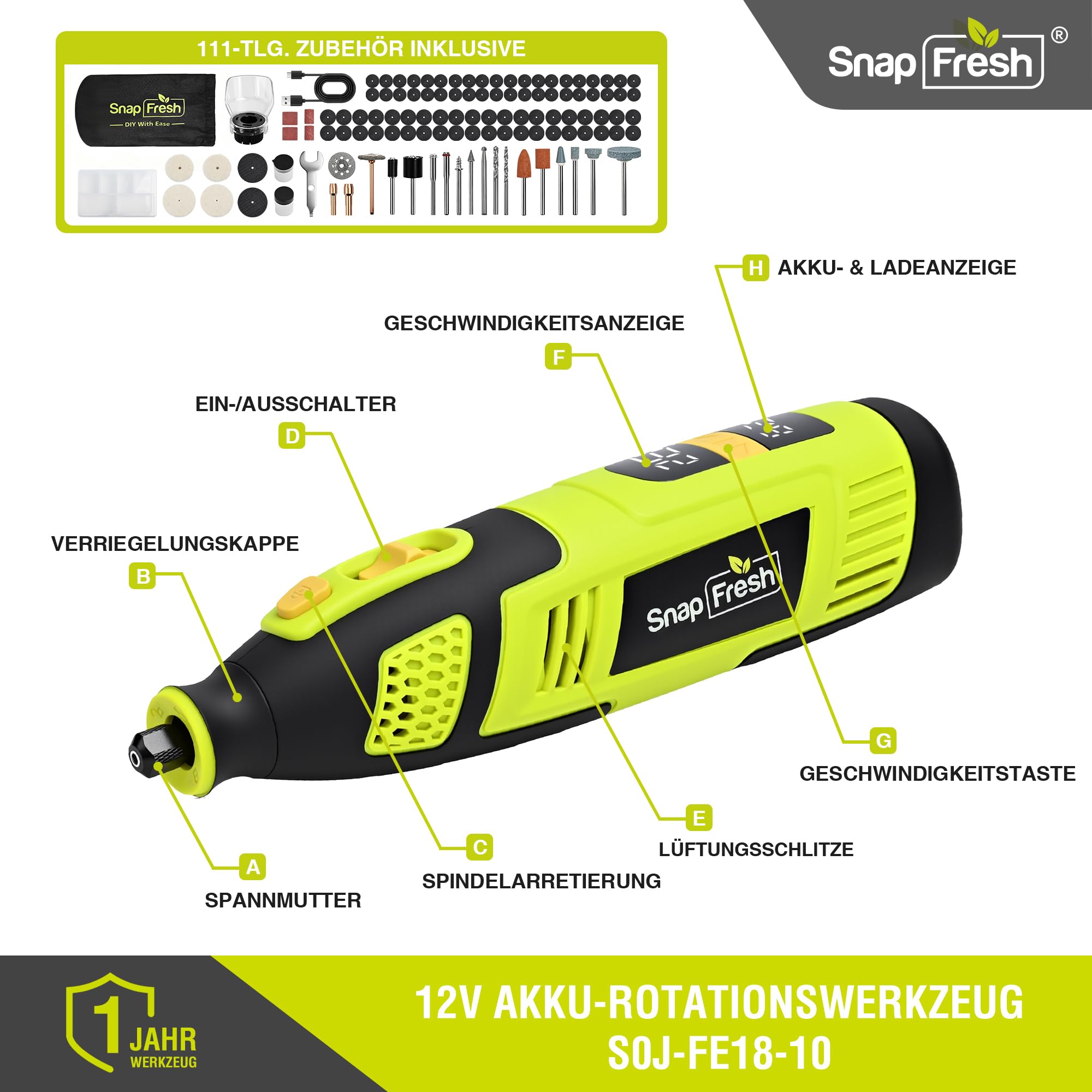 SnapFresh Akku-Rotationswerkzeug 12V Set mit 111 Zubehörteilen, variable Drehzahl 5.000–32.000 U/min, digitales Display & Drehzahlspeicher, zum Schleifen, Gravieren, Polieren & Bohren