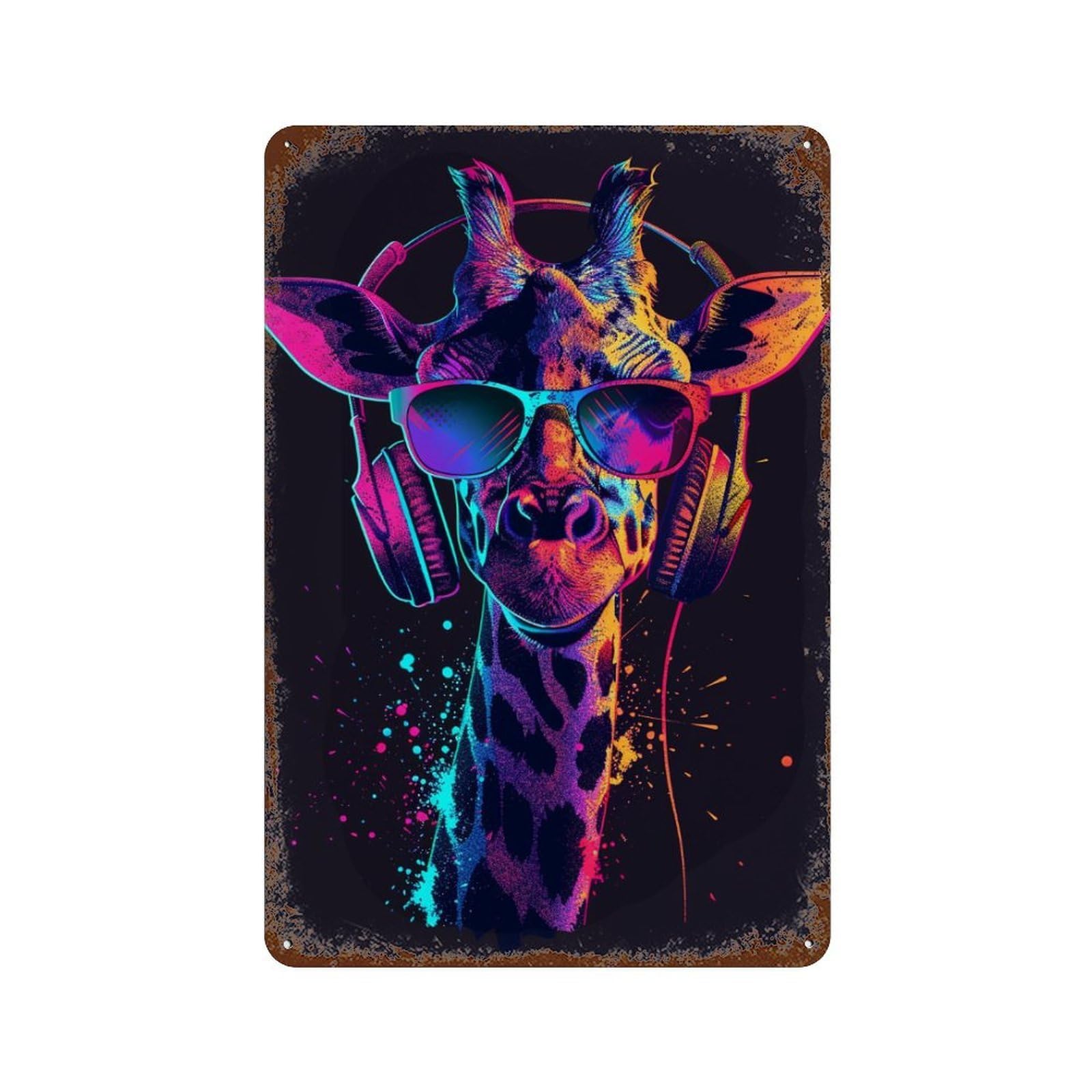 Garage Style Giraffe with Headphones And Sunglasses Rustic Tin Plaque 11.8"x7.9", Farmhouse Wall Decor for Bar And Workshop