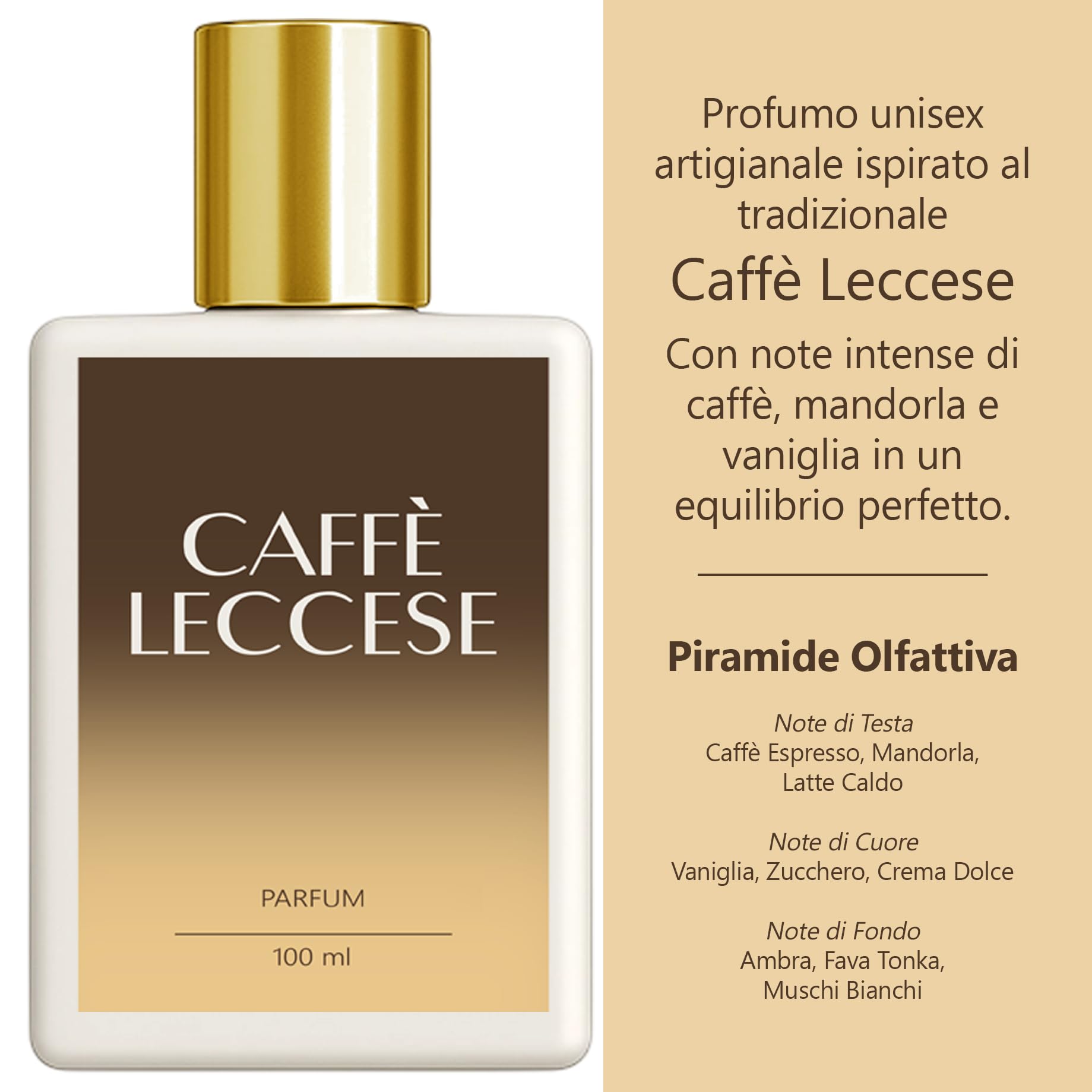 Profumo Caffè Leccese, Fragranza Unisex, Eau de Parfum, 100ML, Aroma Mandorla e Caffe, Made in Italy, Gold Collection, Il Signore dei Profumi, Caffè del Salento e Puglia