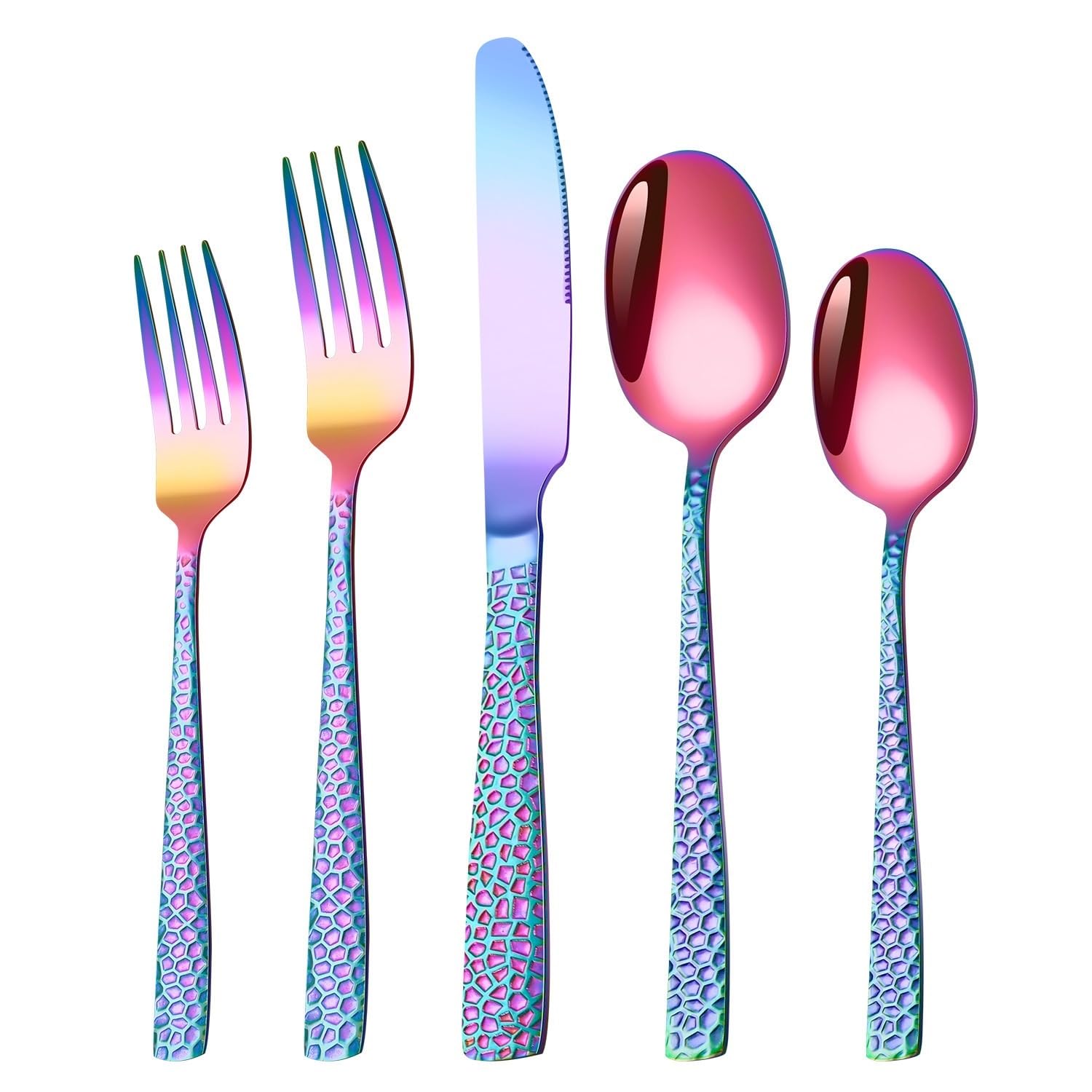 OLSKFUH Cutlery Flatware Cutlery Set, 5/20/30/40/50/60Pcs Stainless Steel Hammered Square Handle Cutlery Steak Cutlery,Rainbow-30 Pieces for 6