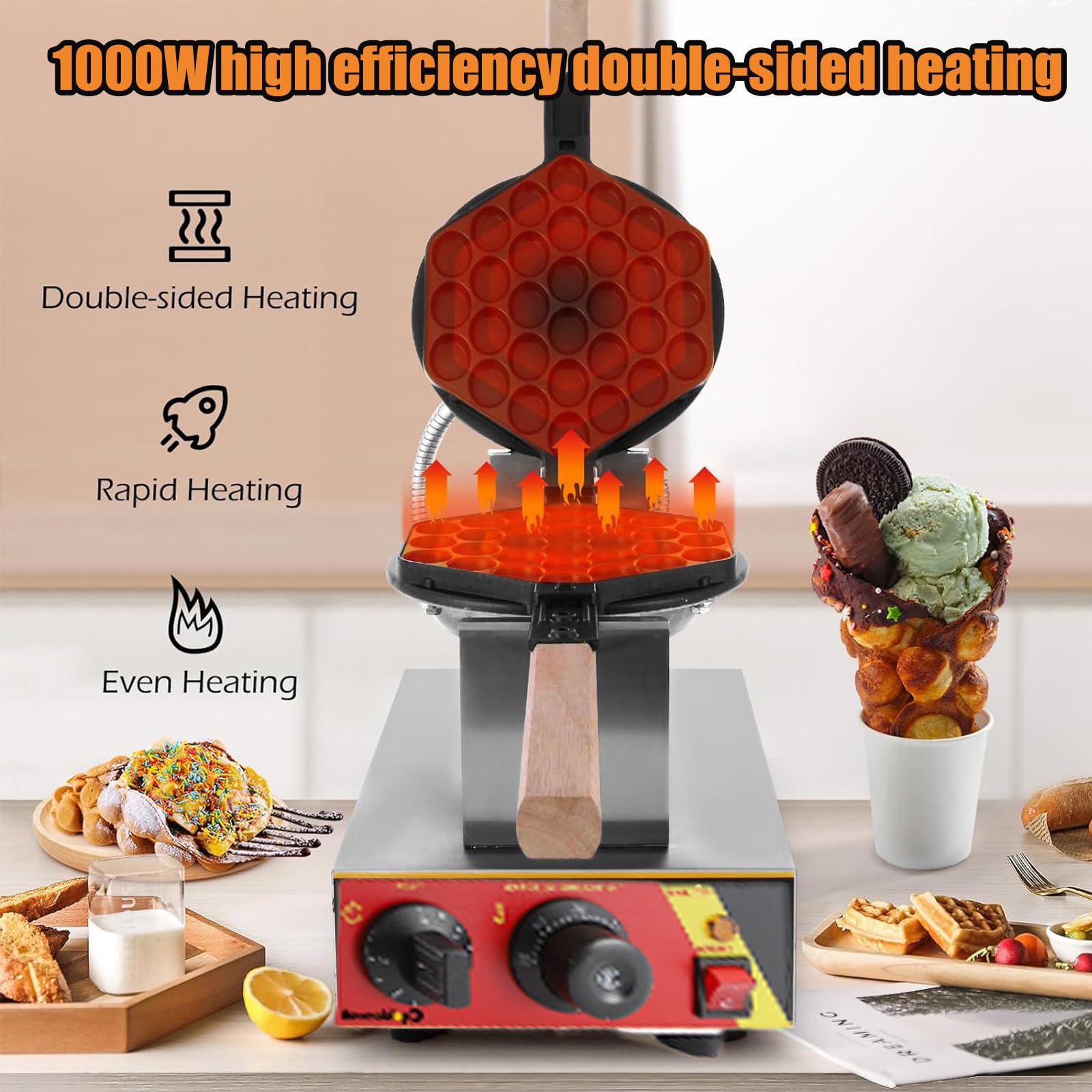 Máquina de Gofre, Gofrera Máquina Burbujas de Acero Inoxidable, Sarten Gofres Girario 180 Grado Máquina de Gofres de Forma Huevo con Mango de para Hacer Bubble Waffles