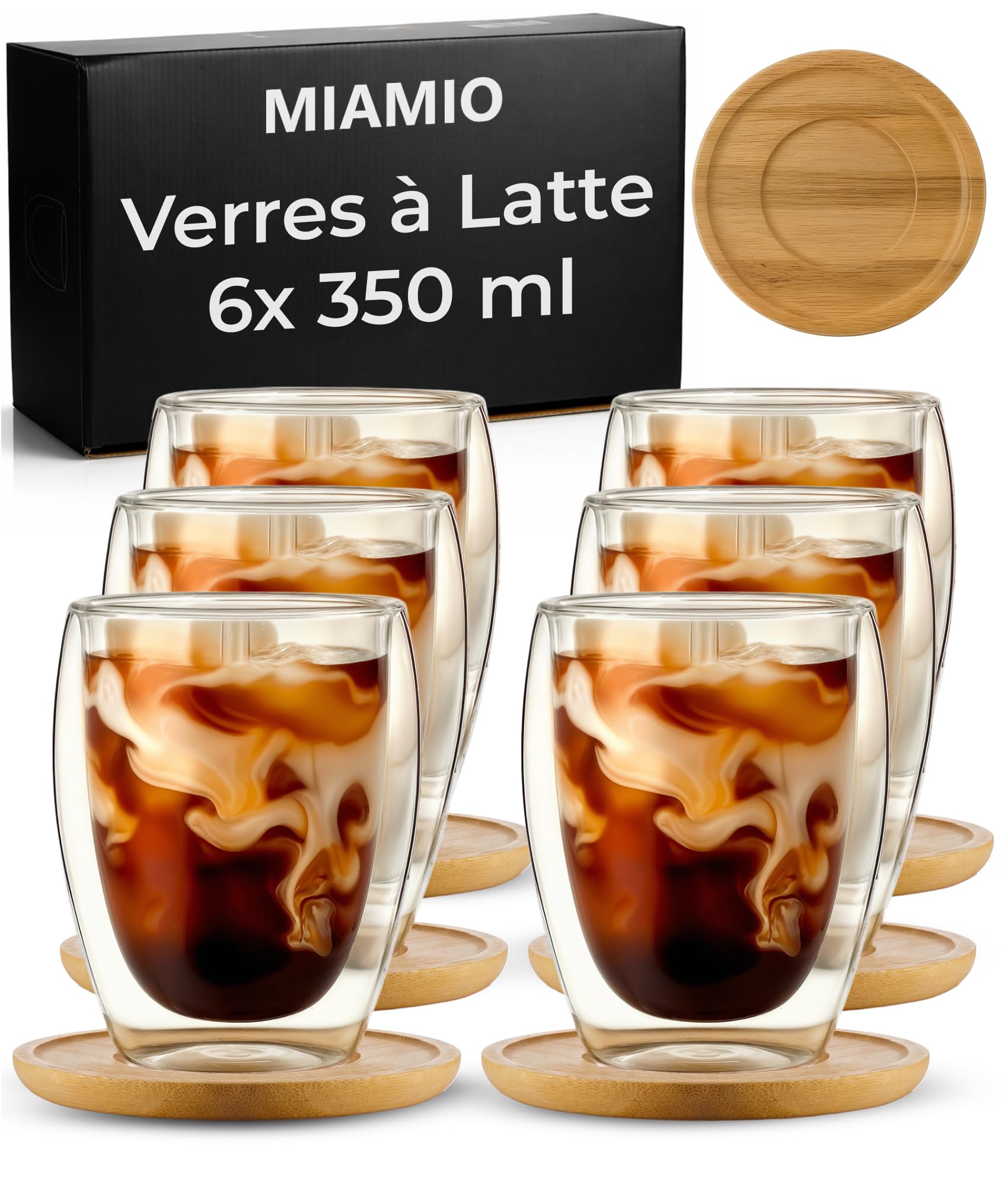 MIAMIO - Lot de 6 verres à latte macchiato/verres à café double paroi/sans anse/avec soucoupe/verre/paroi épaisse/en verre borosilicaté (350 ml)