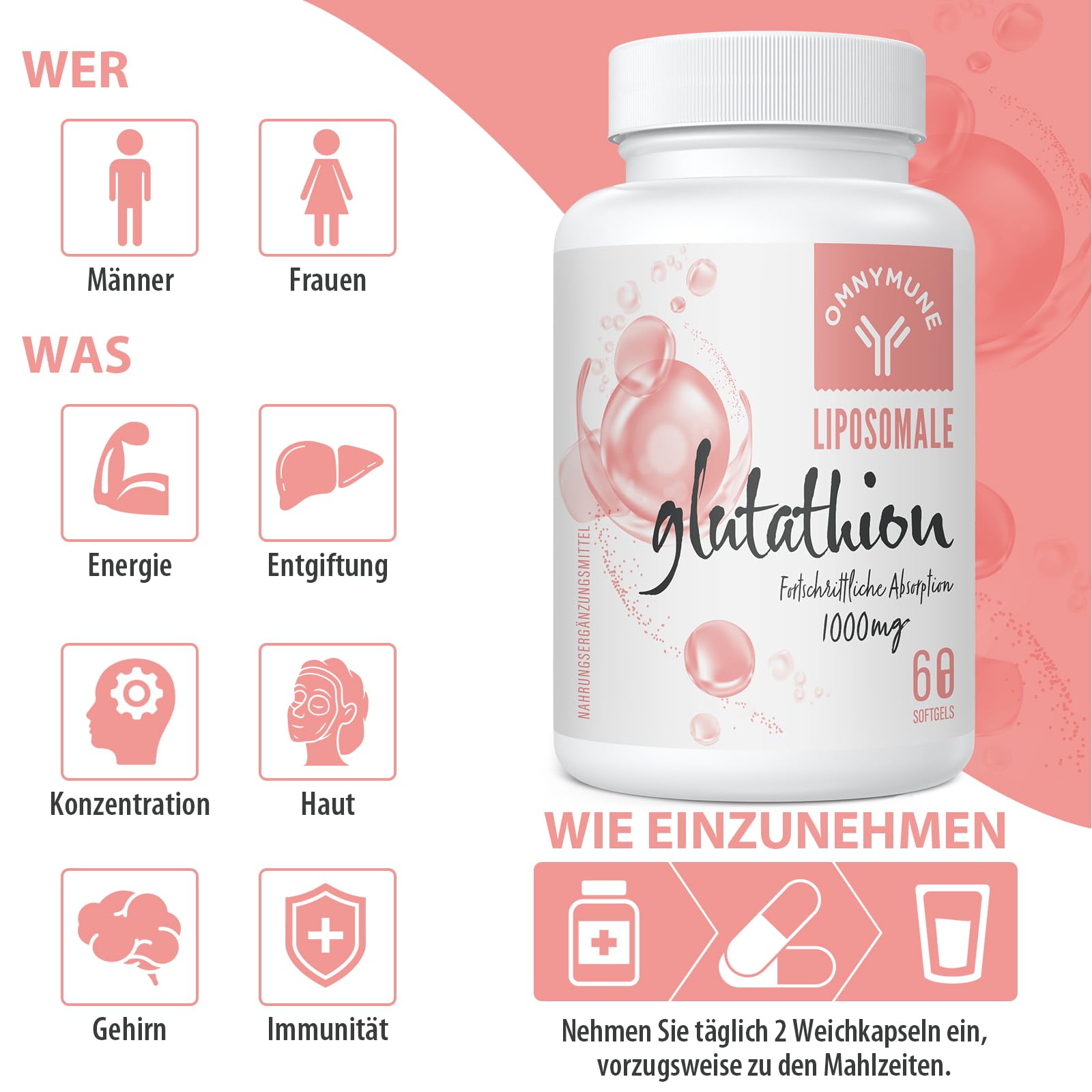 glutathion entgiftung Liposomales Glutathion 1000 mg pro Portion – Reduziertes L-Glutathion mit  Vitamin C & Hyaluronsäure, Glutenfrei, Gentechnikfrei, 60 Kapseln :