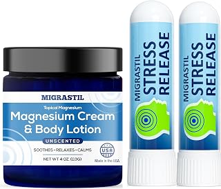 MIGRASTIL Unscented Magnesium Cream & Stress Release Inhaler 2-Pack Bundle - Vegan Made in USA for Muscle Relief & Calm