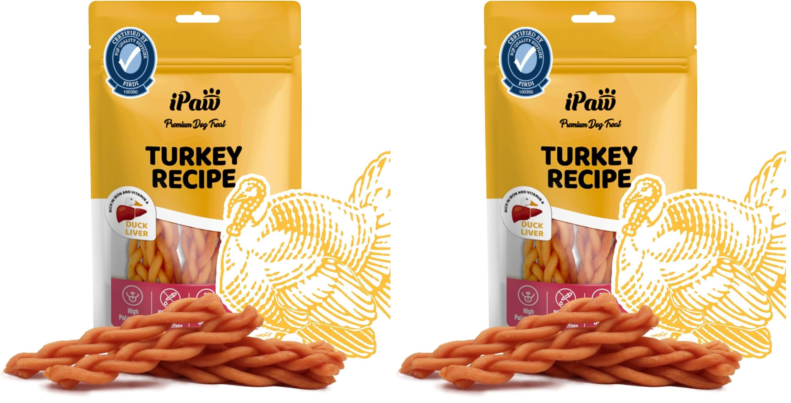 iPaw Turkey Dog Treats, SQF Certified Human Grade Dog Treat, Suitable for Training Chew, Hypoallergenic, Rawhide Alternative, Braided Stick (Duck Liver) (Pack of 2)