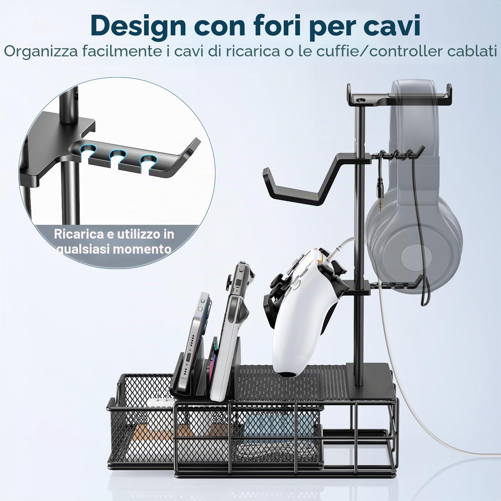 KDD Porta Cuffie da Scrivania con Cassetto, Porta Joystick PS5 con Organizzatore di Cavi, Supporto Cuffie con Barra di Supporto in Alluminio, Universale Accessori Gaming per Xbox One, PS4, PS5,PC
