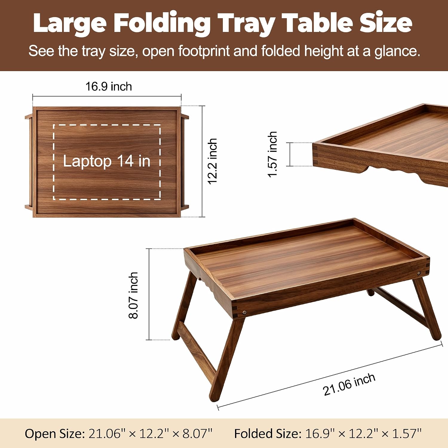 Artmeer Bed Tray Table, Acacia Wood Folding Tray for Bed, Large