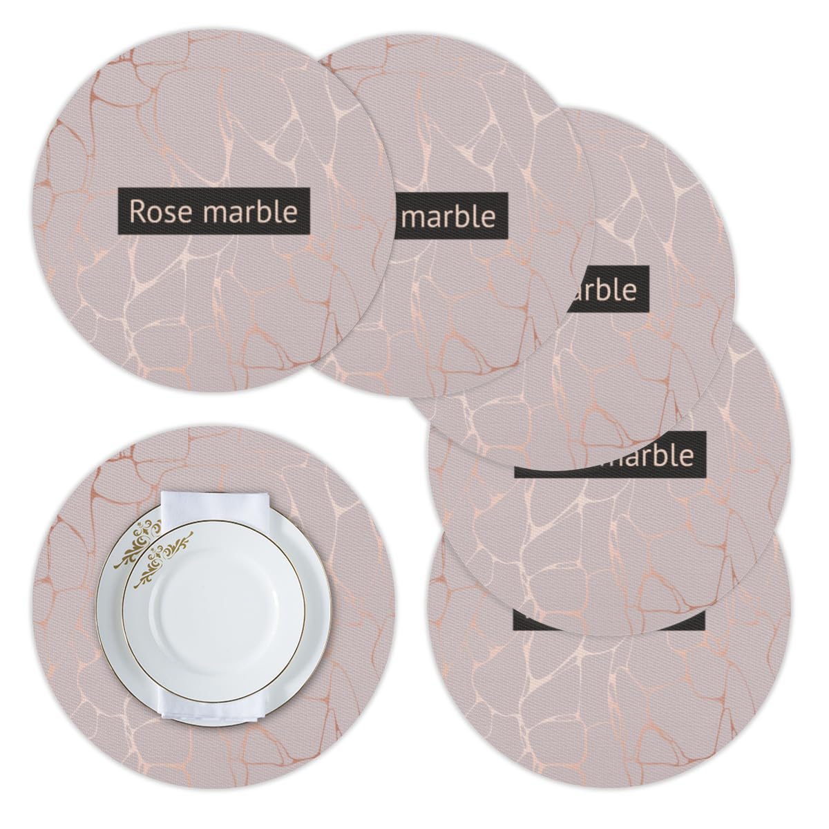 Lot de 6 sets de table ronds en marbre rose - Résistants à la chaleur - Faciles à nettoyer - Antidérapants - En PVC - Pour cuisine, salle à manger