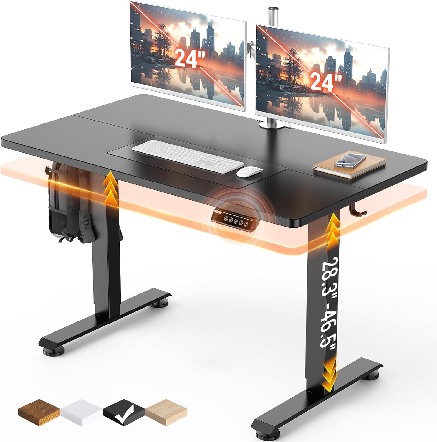Veken 47.2" Electric Standing Desk - Adjustable Height 28.3-46.5", Wood Texture Desktop, Home Office Gaming Table for Small Spaces, Black