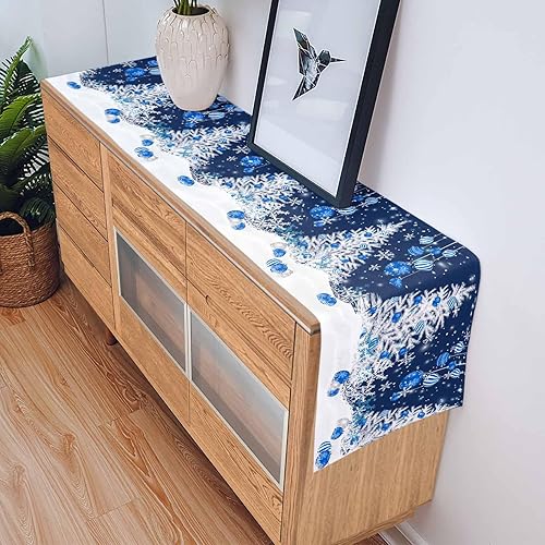 Miniatura 5 de Camino de mesa de lino y algodón de Feliz Navidad, bola de Navidad azul, árbol de Navidad, copos de nieve, caminos de mesa de Navidad para mesa de