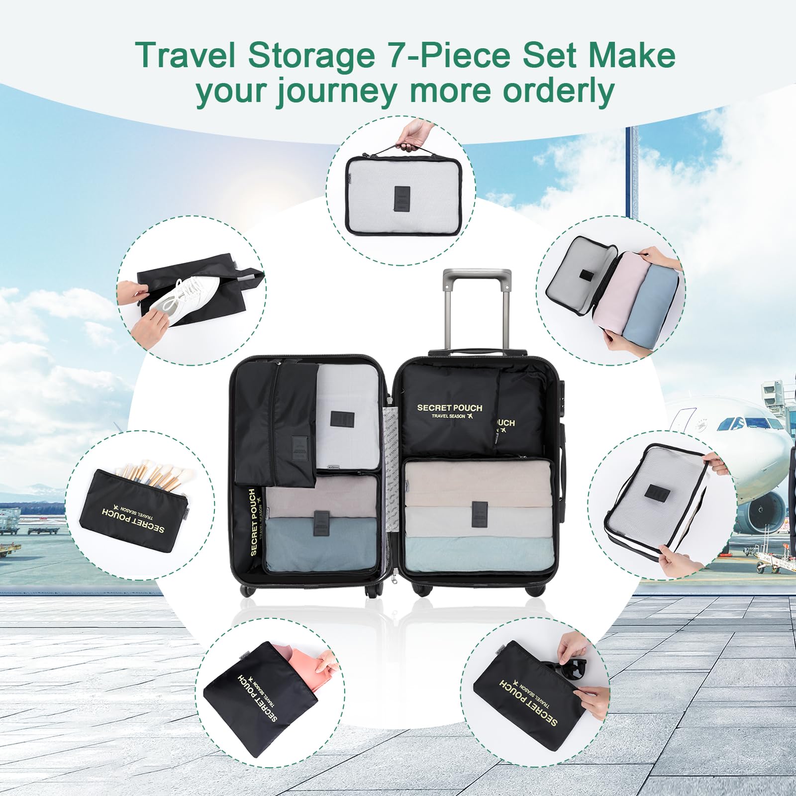 AiQInu Organizer Valigie 7 Pezzi Set,Waterproof Packing Cube Set Viaggio Organizer per i Vestiti,Scarpe,Intimo