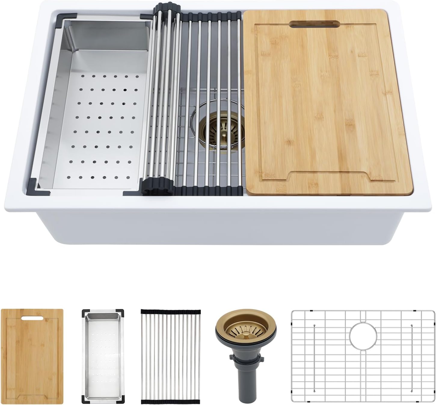 Kichae White Undermount Kitchen Sink 28 inch Granite Composite - 28 x 19 White Kitchen Sink Quartz Workstation Sinks 28"x19"x9" White