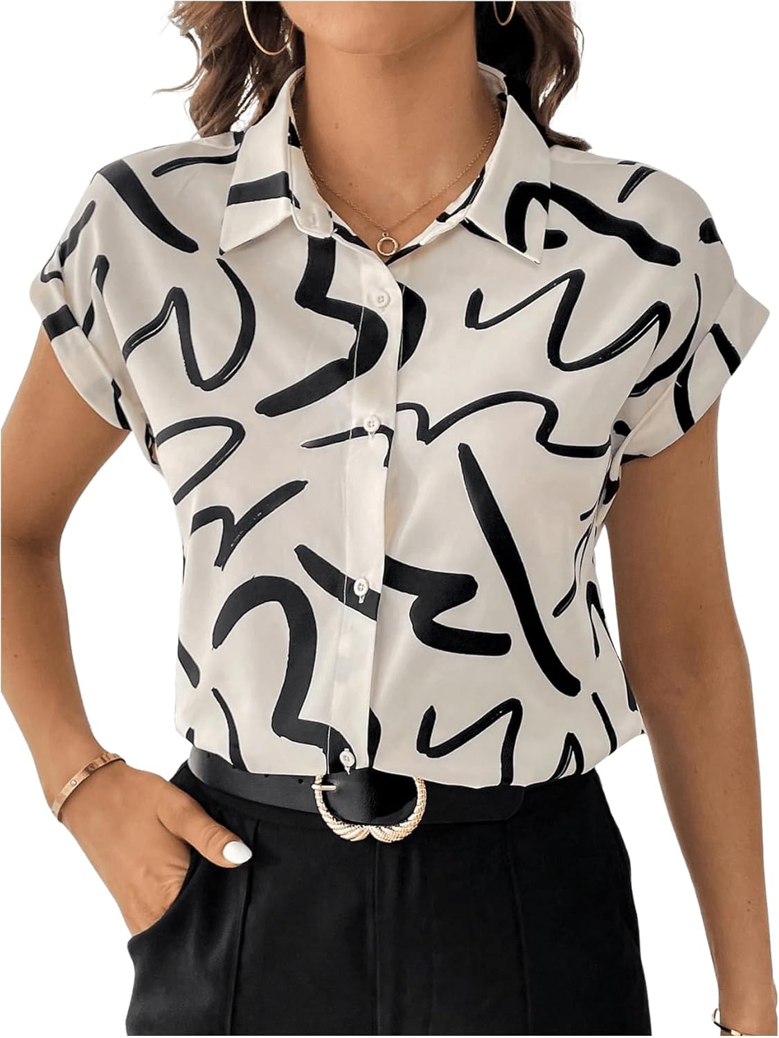 SweatyRocks Women's Casual Printed Button Up Blouse Collar Dolman Short Sleeve Shirt Tops