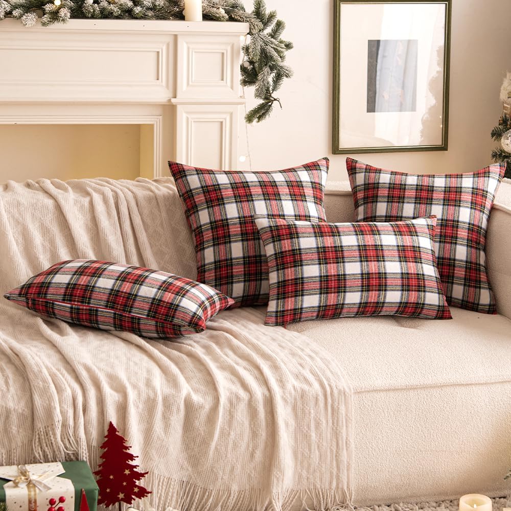Woaboy Christmas Set of 2 Scottish Tartan Throw Pillow Covers Farmhouse Classic Plaid Decorative Couch Pillows Home Decor for Sofa Living Room Bed 20x20 Inch, Red and White