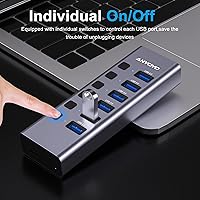 Vista 4 de Hub USB alimentado con lector de tarjetas TF/SD, concentrador USB 3.0 de 8 puertos con 6 puertos de datos USB 3.0, derramador USB con interruptores