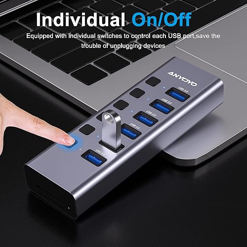 Miniatura 4 de Hub USB alimentado con lector de tarjetas TFSD, concentrador USB 3.0 de 8 puertos con 6 puertos de datos USB 3.0, derramador USB con interruptores