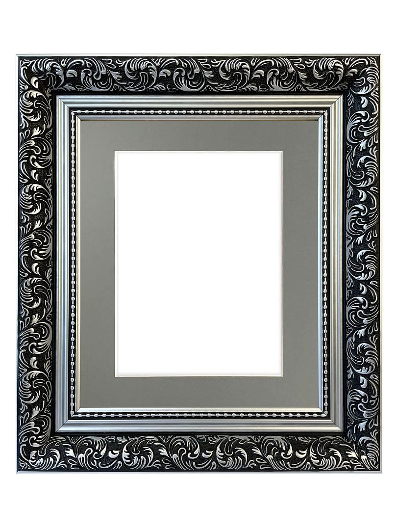 FRAMES BY POST Large Dahlia Silver Picture Photo Frame with Dark Grey Mount 20 x 16 Inch Image Size A3 Plastic Glass — image 1