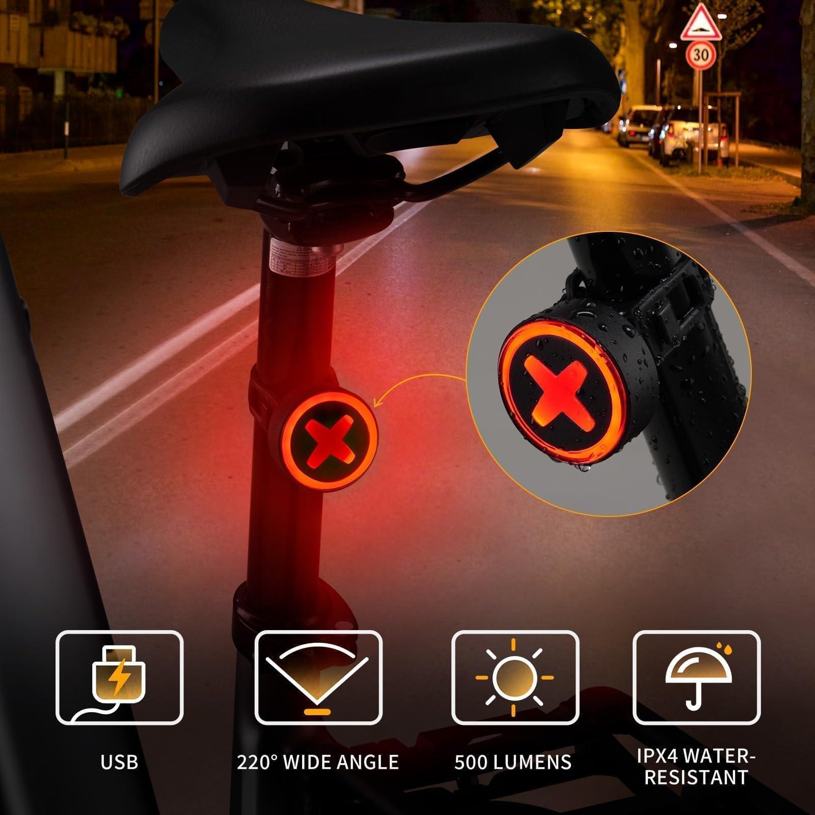 Kit d'éclairage de vélo Batterie USB et durée d'éclairage de 8,5 h I Kit d'éclairage LED étanche et Rechargeable I Lumière de vélo