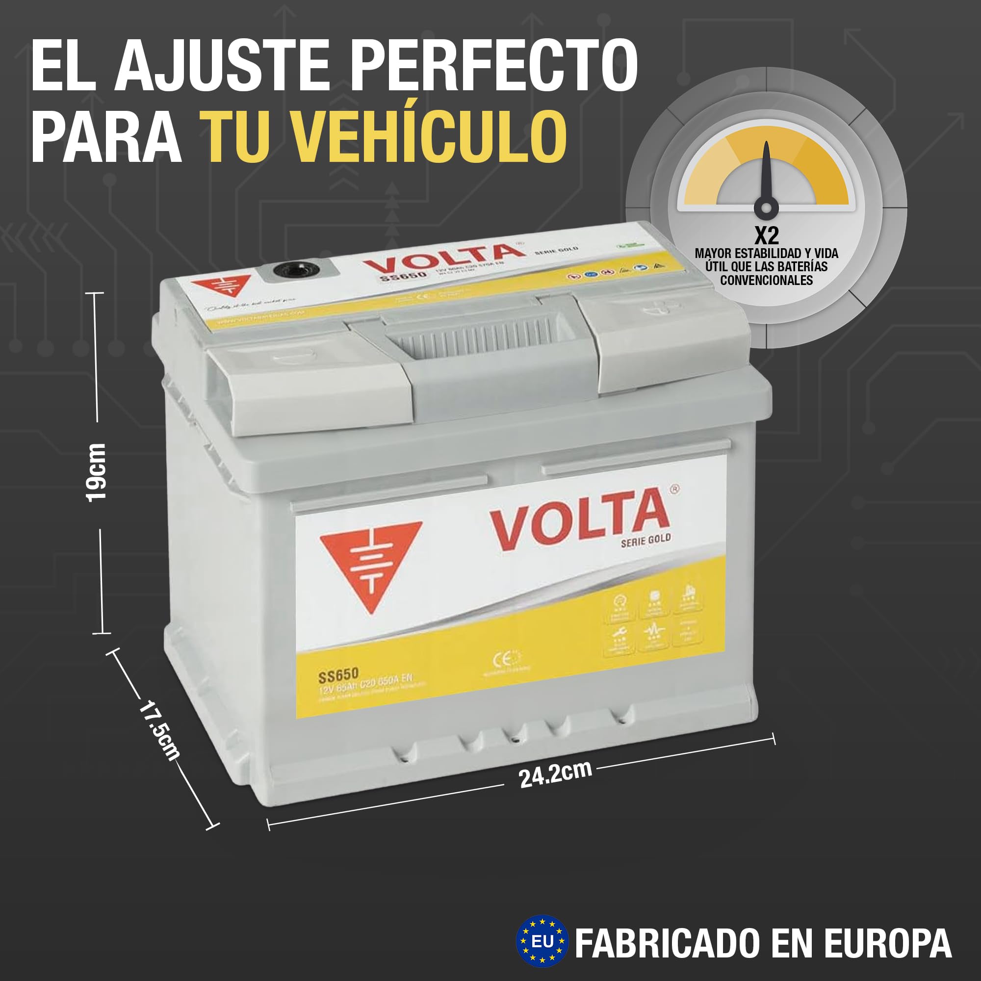 Bateria de Coche Gold 65Ah 650A Start-Stop Básico EFB Volta SS650D - Borne +Dcha - Medidas Largo 242 x Ancho 175 x Alto 190 mm con 2 años de Garantía - Fabricación Europea.