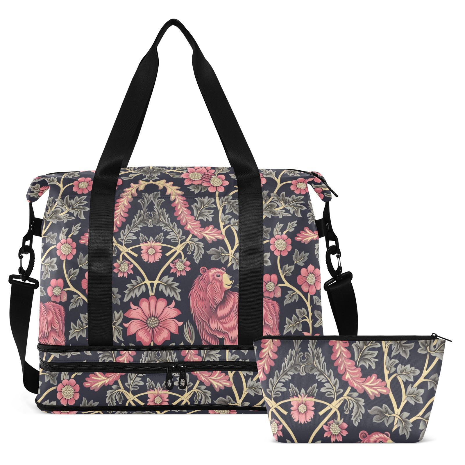 William Morris Style Niedźwiedź Brzoskwinia Ciemnoniebieskie Torby weekendowe z mokrą kieszenią Regulowany pasek Sportowa Torba na siłownię do samolotu Podróżowanie Wodoodporna dla mężczyzn kobiet